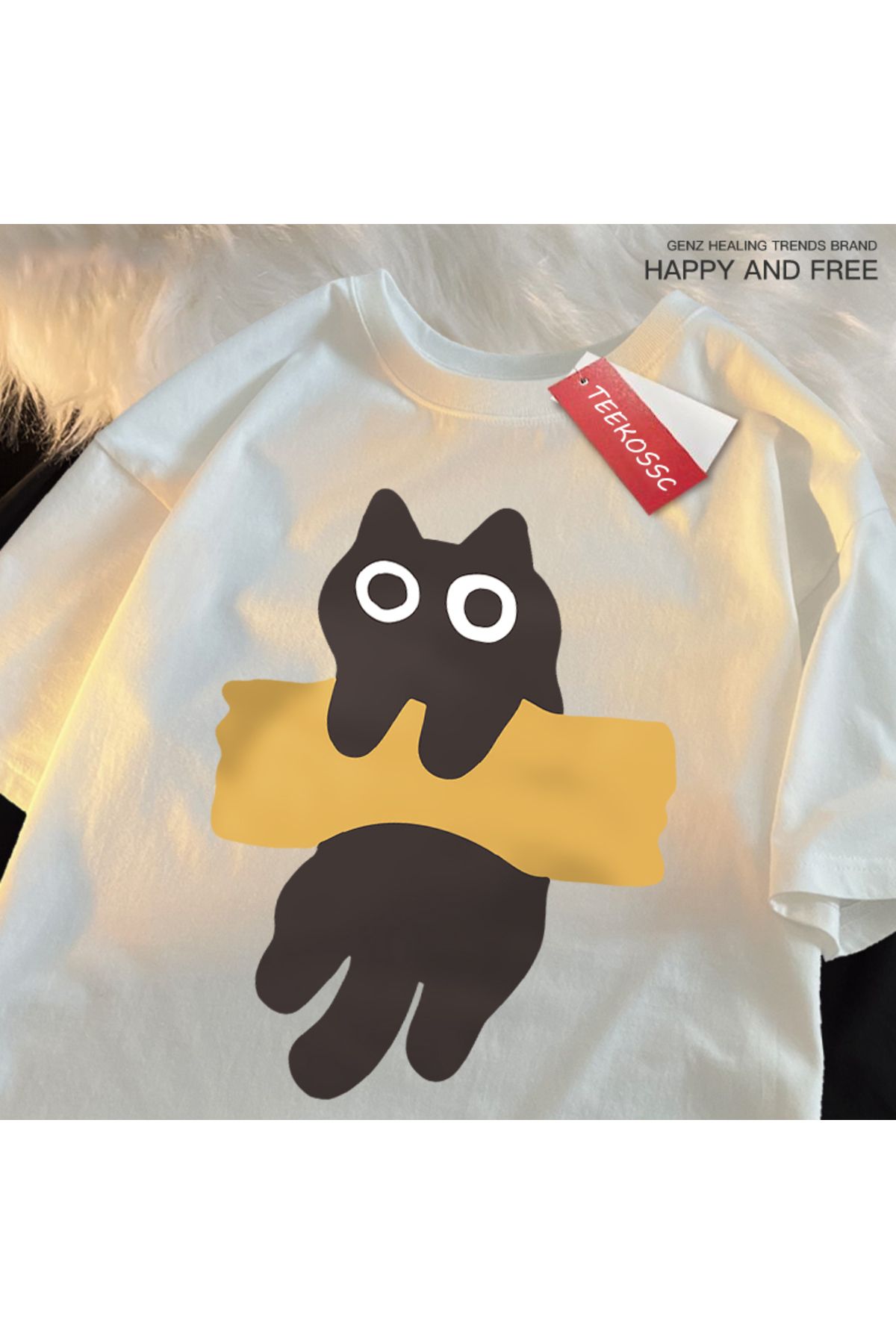 StartMore Y2k Vintage Tişört Tee Eğlenceli Yapışkan Bant Kedi Baskı Japon Tarzı