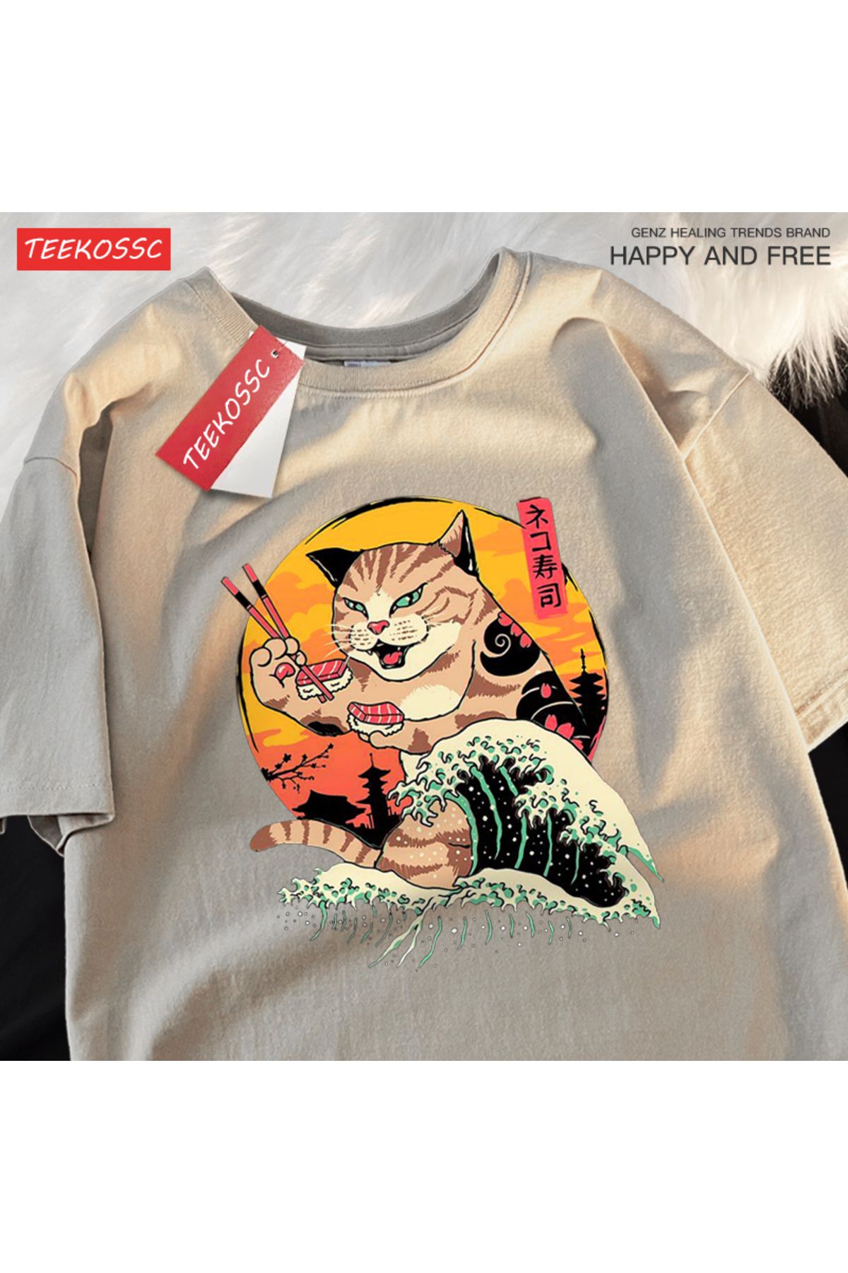 StartMore Y2k Vintage Tişört Tee Japon Harajuku dalga suşi kedi