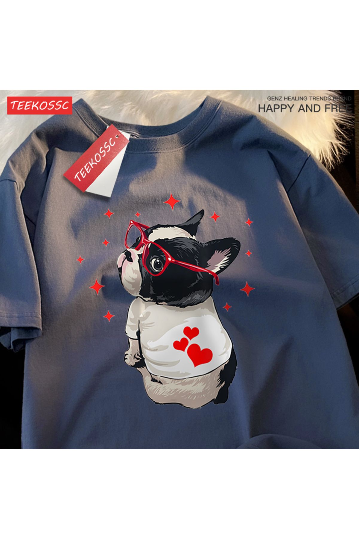 StartMore Y2k Vintage Tişört Tee Sevimli köpek geri bakmak baskı