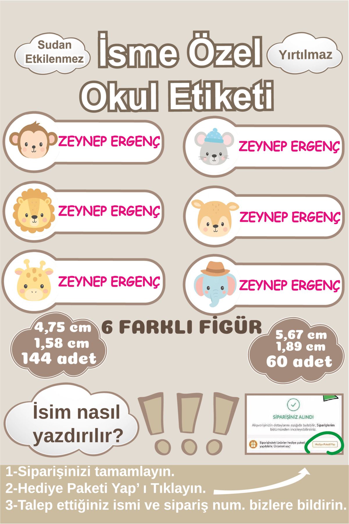 Ayza Tasarım İsme Özel Su Geçirmez Okul Etiketi Sticker Kişiye Özel Kız Çocuk İsim Etiketi Kırtasiye Malzemeleri