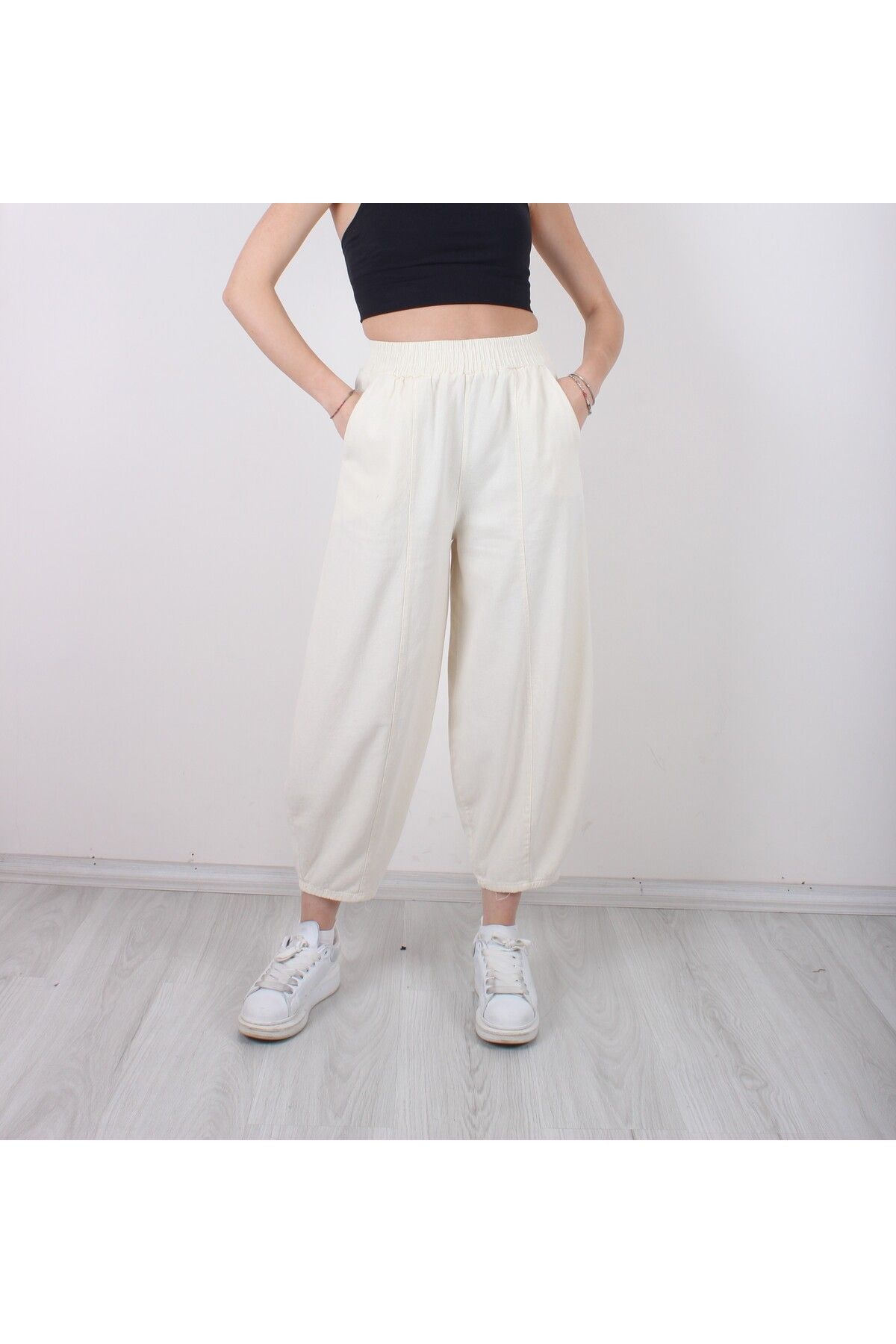 Budvaa Kırık Ekru beli Lastikli Gabardin Pantolon
