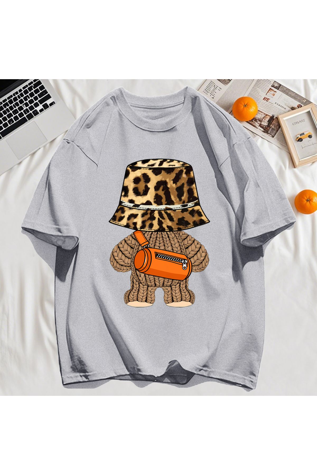 StartMore Y2k Vintage Tişört Tee Ayı Leopar Baskı Şapka Baskı