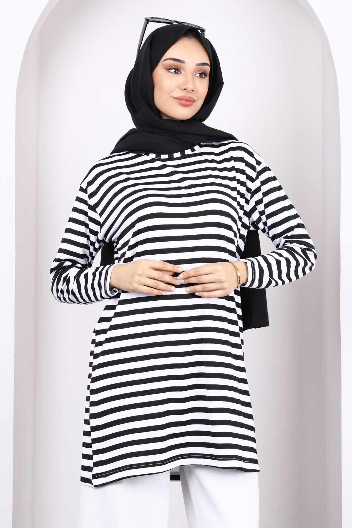 İmajButik Siyah Çizgili Uzun Kol Tunik