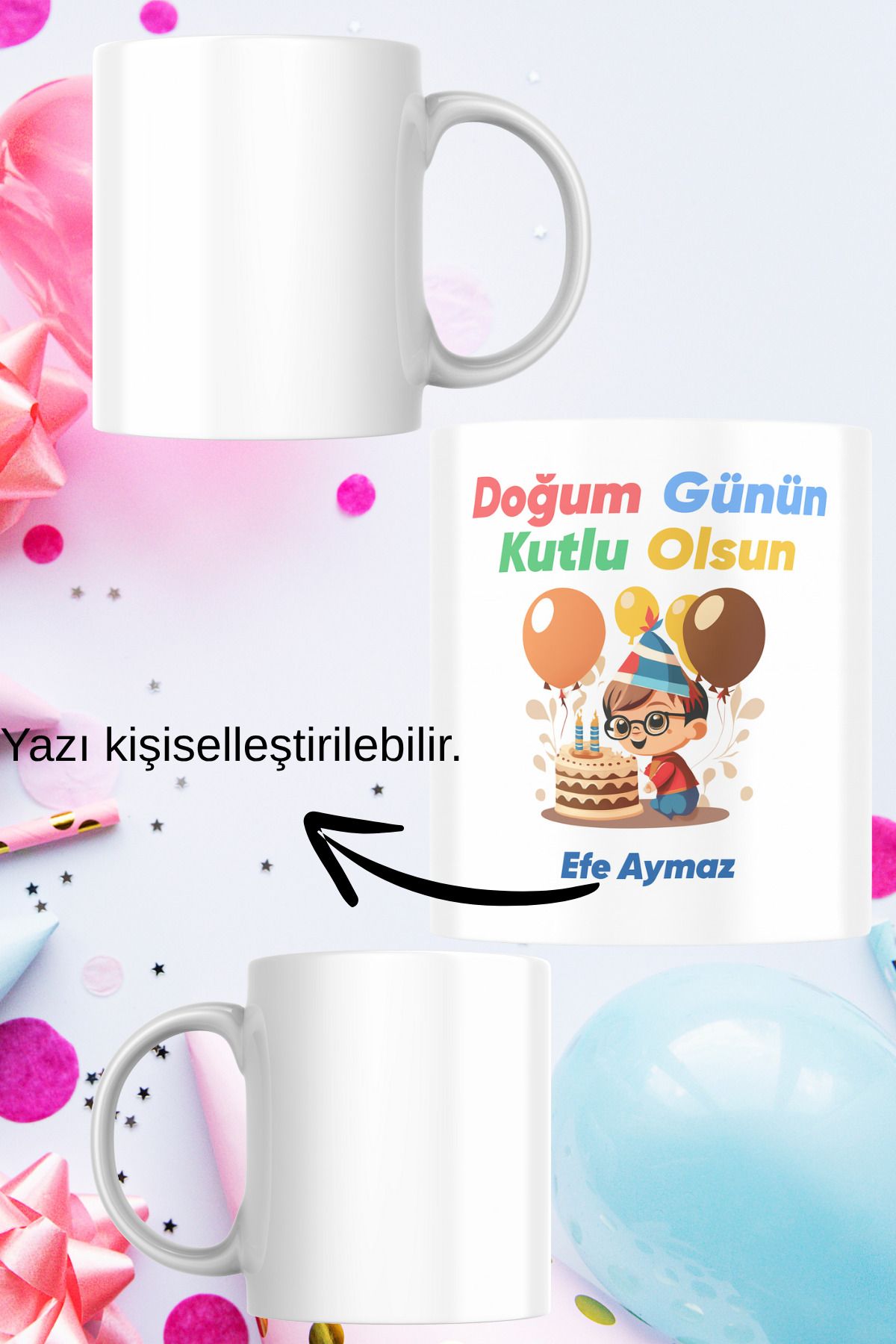 zerhome Doğum Günü 3 Temalı Beyaz Porselen Kupa Bardak