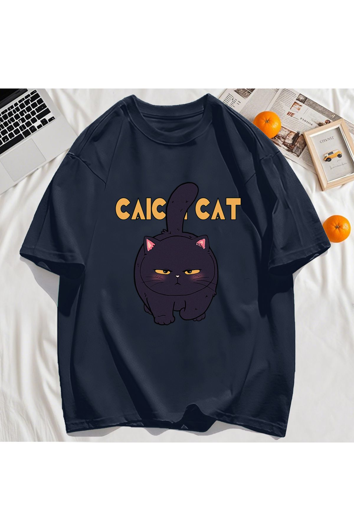 StartMore Y2k Vintage Tişört Tee Siyah Tombul Küçük Kedi Tasarım