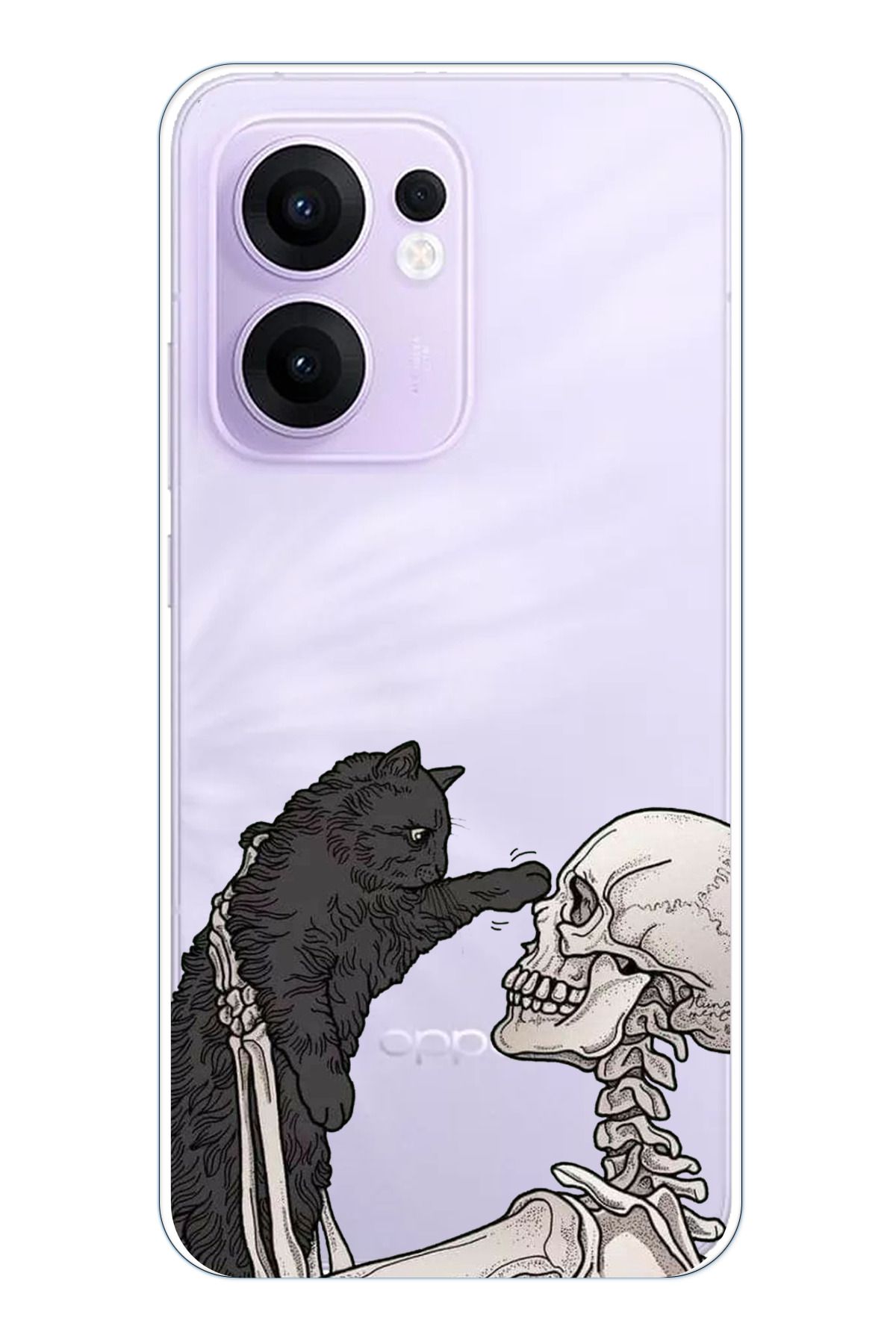 TechTree OPPO Reno 13F Uyumlu İskelet ve Kara Kedi Tasarımlı Şeffaf Silikon Kılıf