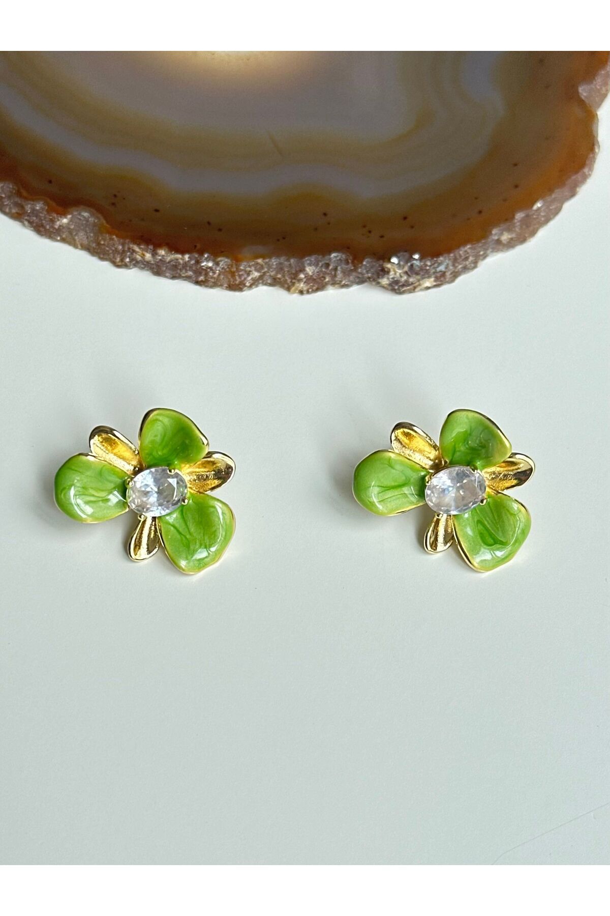 YOUES JEWELRY Çelik Çiçek Küpe Küpe Yaz Küpesi Yeşil Taşlı Küpe