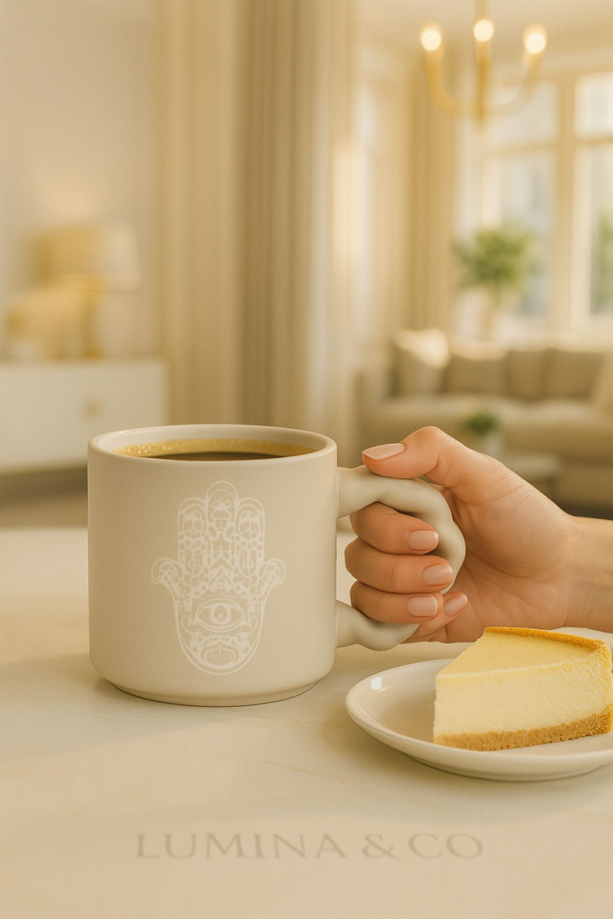 LUMİNA Hamsa Desenli Pastel Renk Porselen Kupa - 350 ml