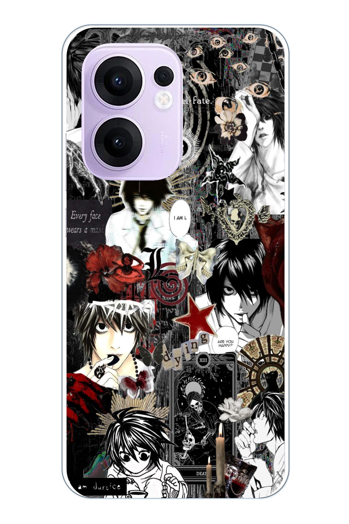 TechTree OPPO Reno 13F Uyumlu Death Note Kolaj Tasarımlı Şeffaf Silikon Kılıf