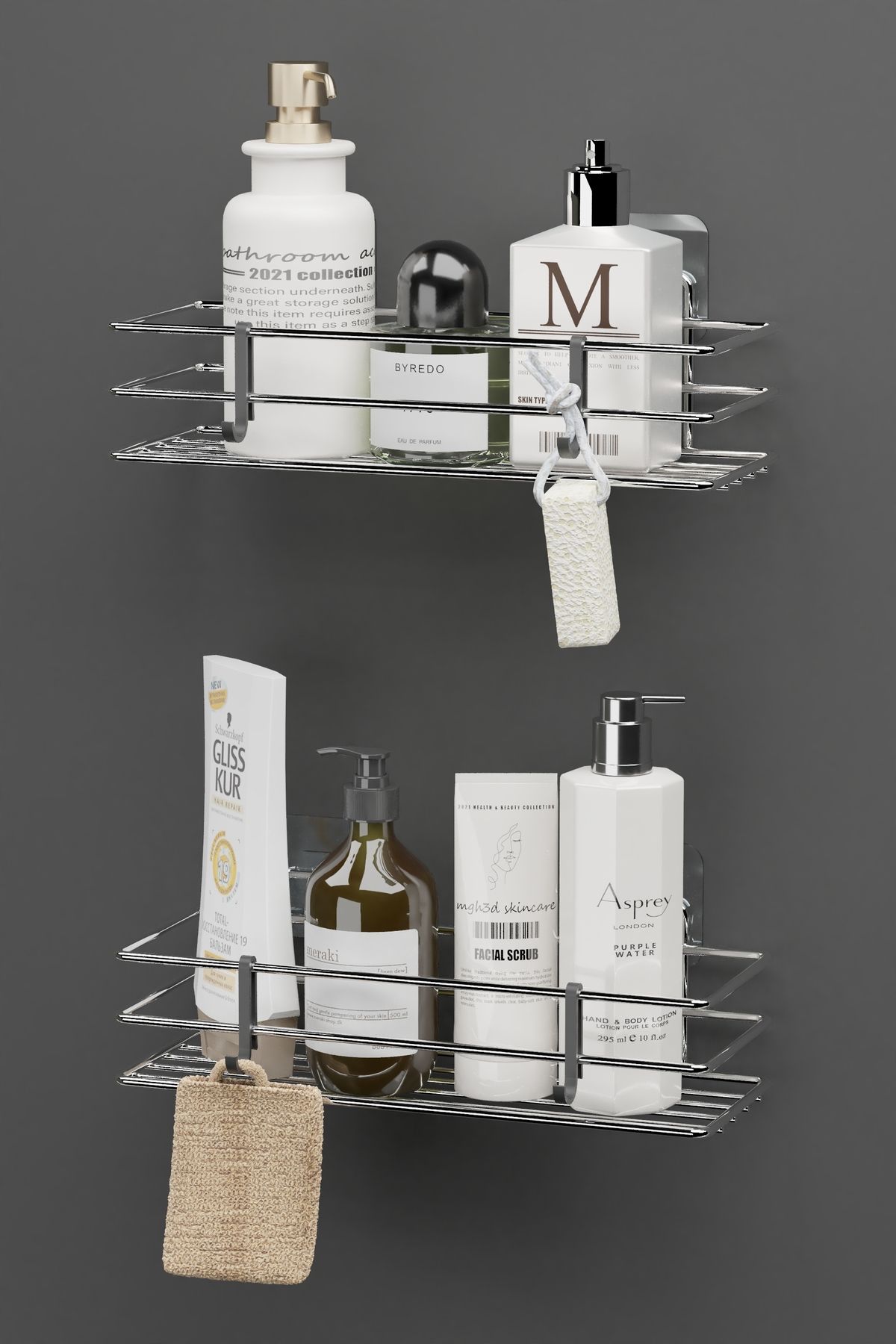 Hill Homes Yapışkanlı 2 li set Krom Gümüş Banyo Rafı Duş Şampuanlık Duvar Düzenleyici Organizer