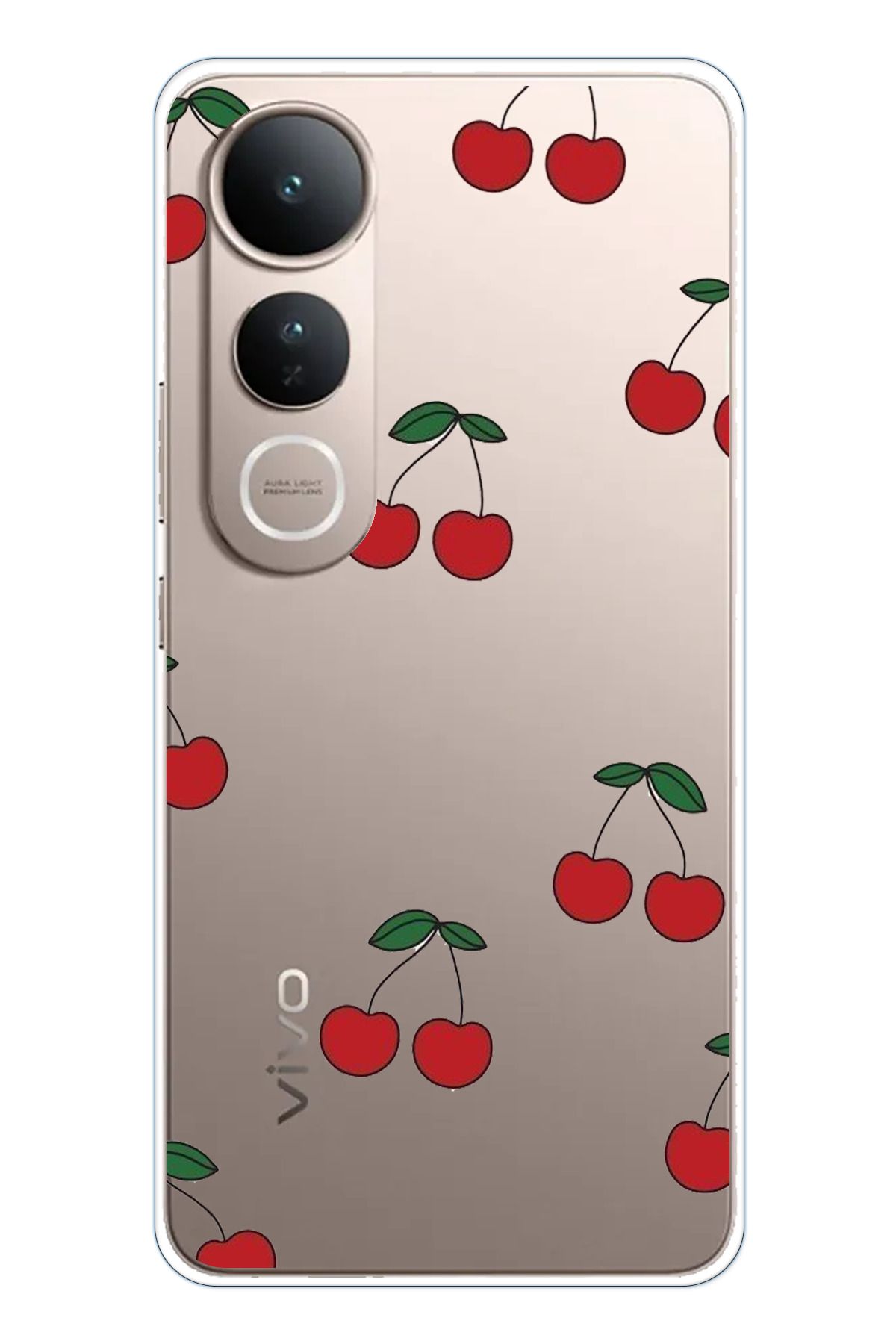 TechTree Vivo V50 Lite Uyumlu Kirazlar Tasarımlı Şeffaf Silikon Kılıf