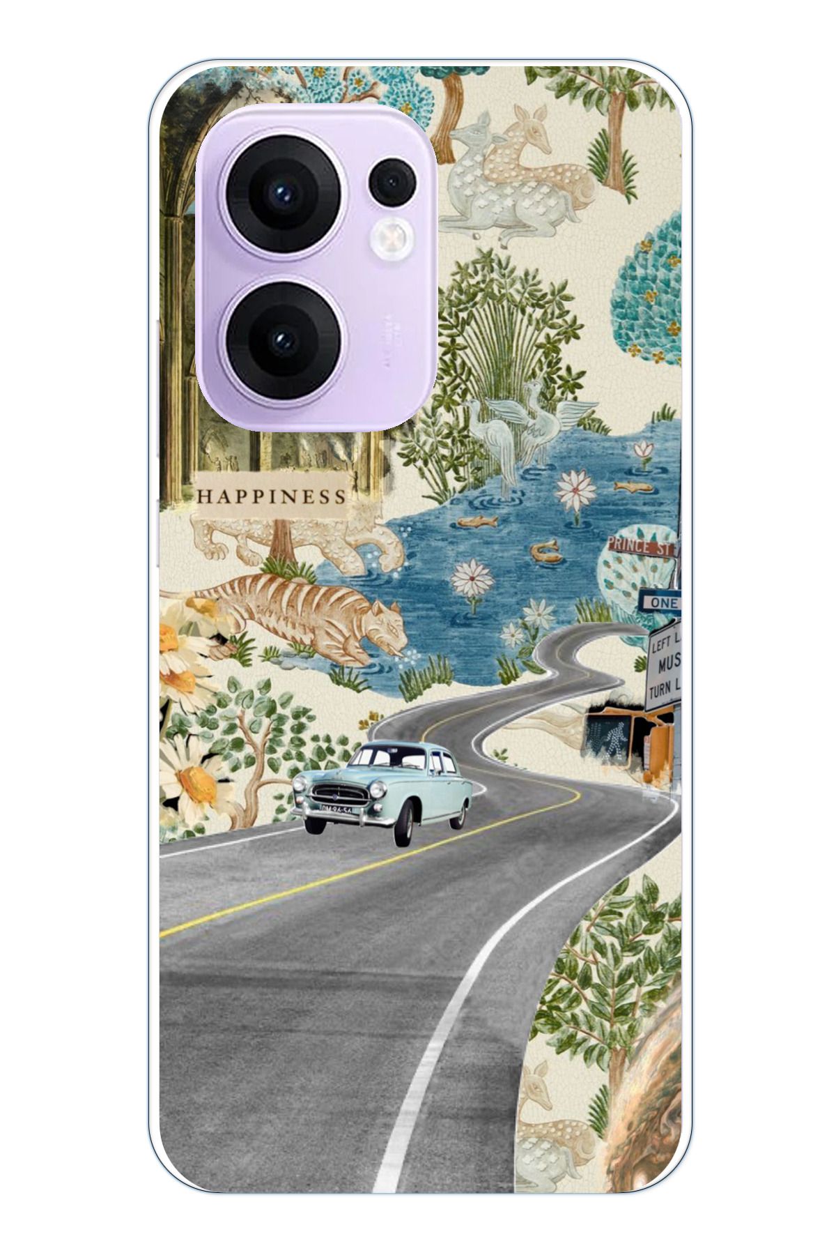 TechTree OPPO Reno 13F Uyumlu Yeşil Sanatsal Yol Çiçekler Şeffaf Silikon Kılıf