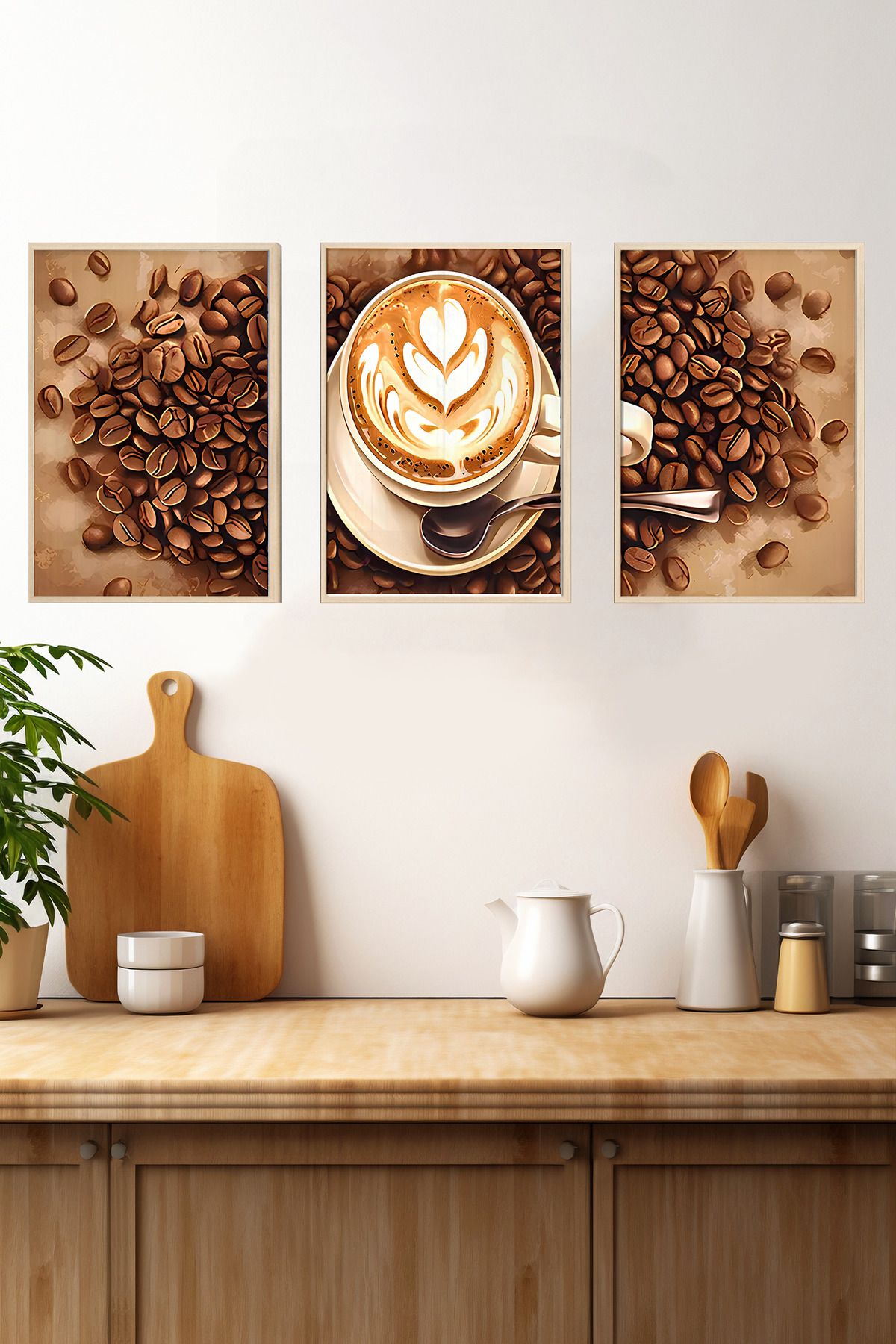 kutuTR ☕ Latte Sanatlı Kahve Çekirdeği Temalı 3'lü Ahşap Çerçeveli Tablo Seti – MDF Zemin CRV1008