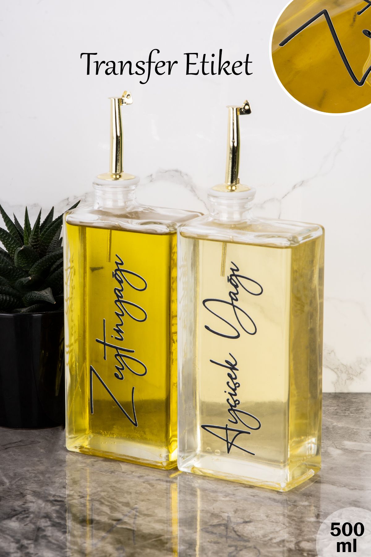 Dolkin Home 2li 500ml Transfer Etiketli Yağdanlık Gold Kapak Cam Yağlık Zeytinyağı Ayçiçek Yağı Sosluk Sirkelik