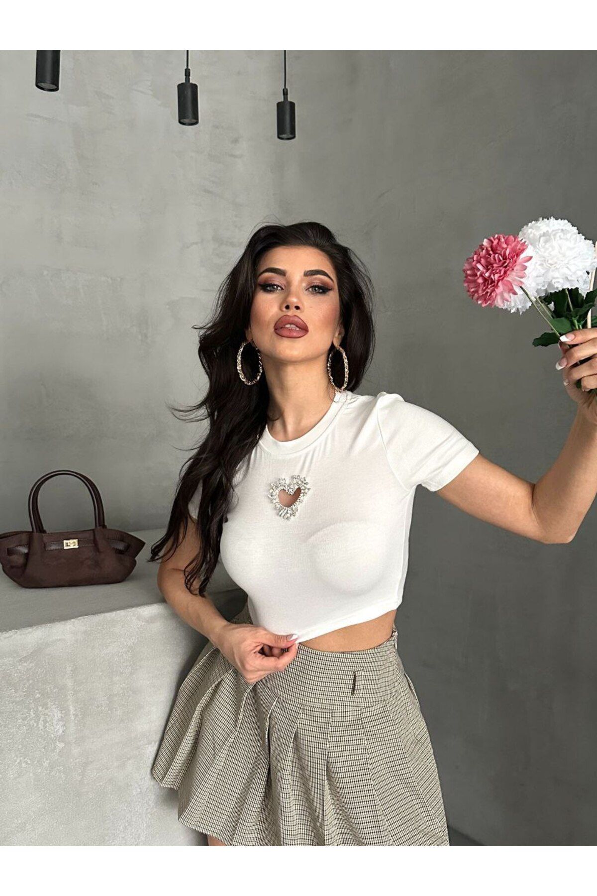 tellevolle Buzy Kalp Nakışlı Beyaz Crop