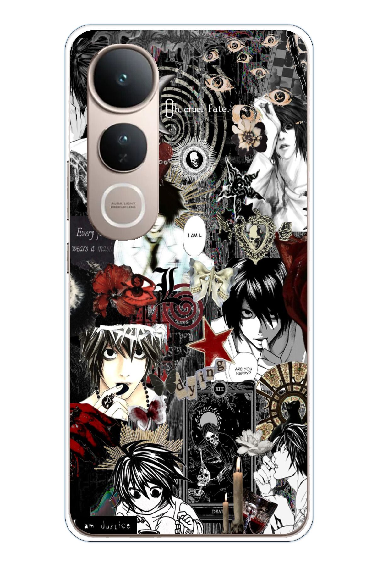TechTree Vivo V50 Lite Uyumlu Death Note Kolaj Tasarımlı Şeffaf Silikon Kılıf