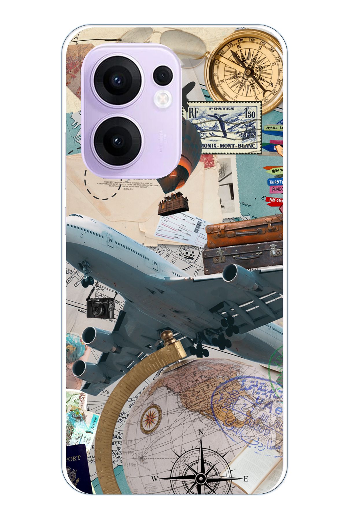 TechTree OPPO Reno 13F Uyumlu Seyehat Retro Gazete Tasarımlı Şeffaf Silikon Kılıf
