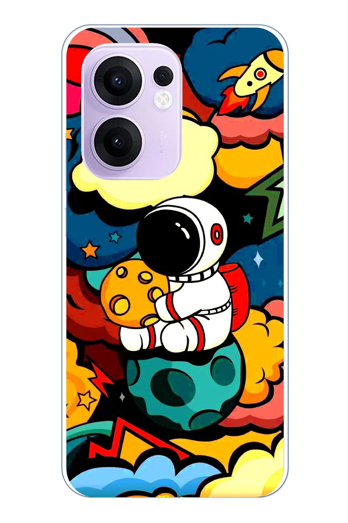 TechTree OPPO Reno 13F Uyumlu Renkli Astronot Tasarımlı Şeffaf Silikon Kılıf