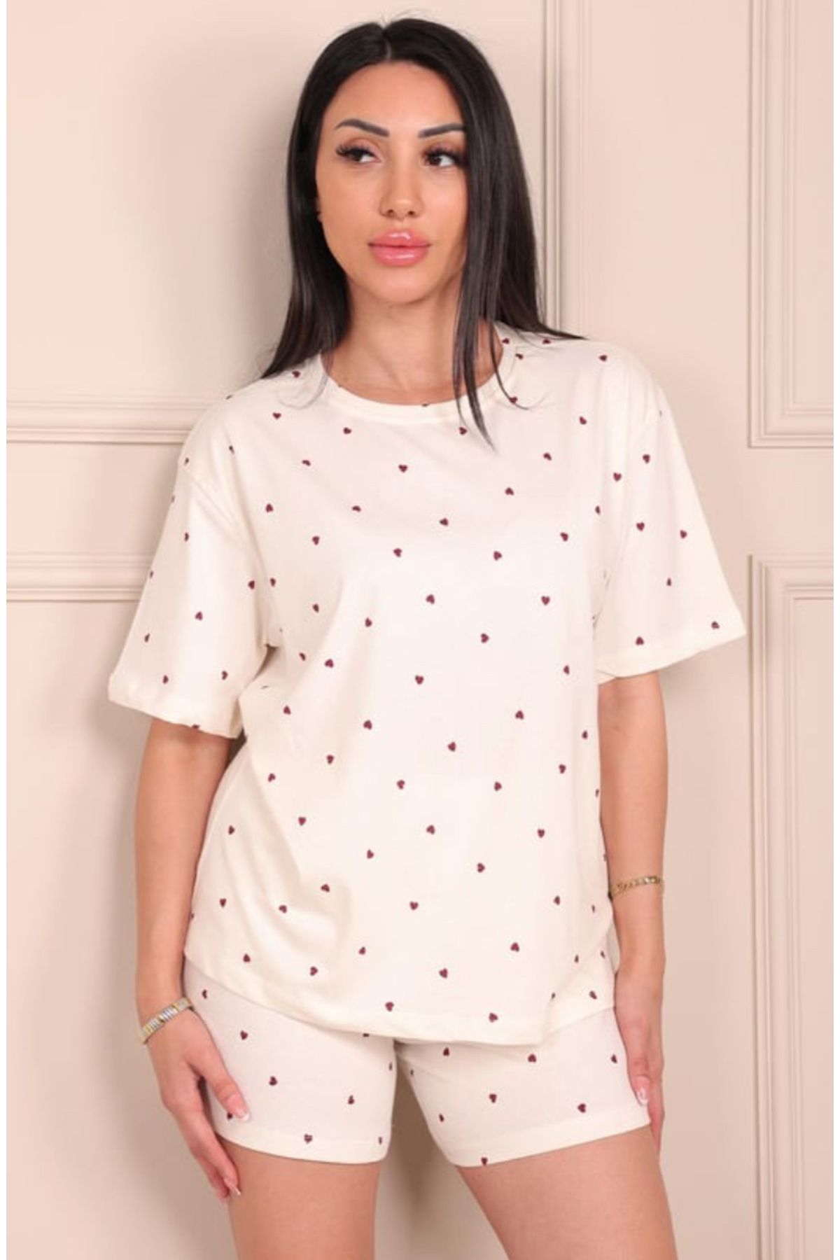 LETS BASIC Kadın Şortlu Organik Pijama Takımı – Kalpli Baskılı – Let’s Basic – Yazlık / Ev Giyim