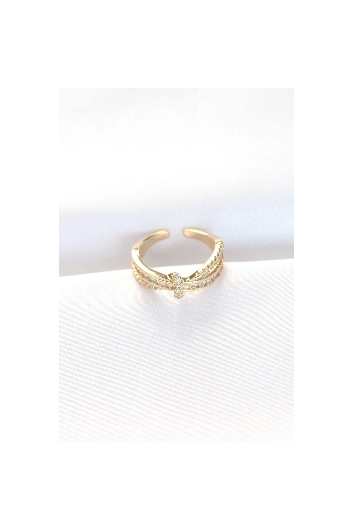 Marsilyan Kıvrım Model Gold Renk Zirkon Taşlı Ayarlanabilir Yüzük - TJ-BYK3107