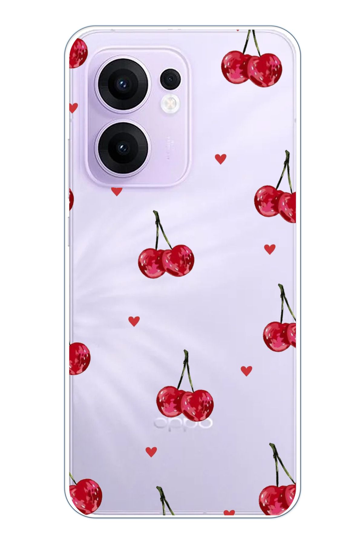 TechTree OPPO Reno 13F Uyumlu Kirazlar ve Kalpler Tasarımlı Şeffaf Silikon Kılıf