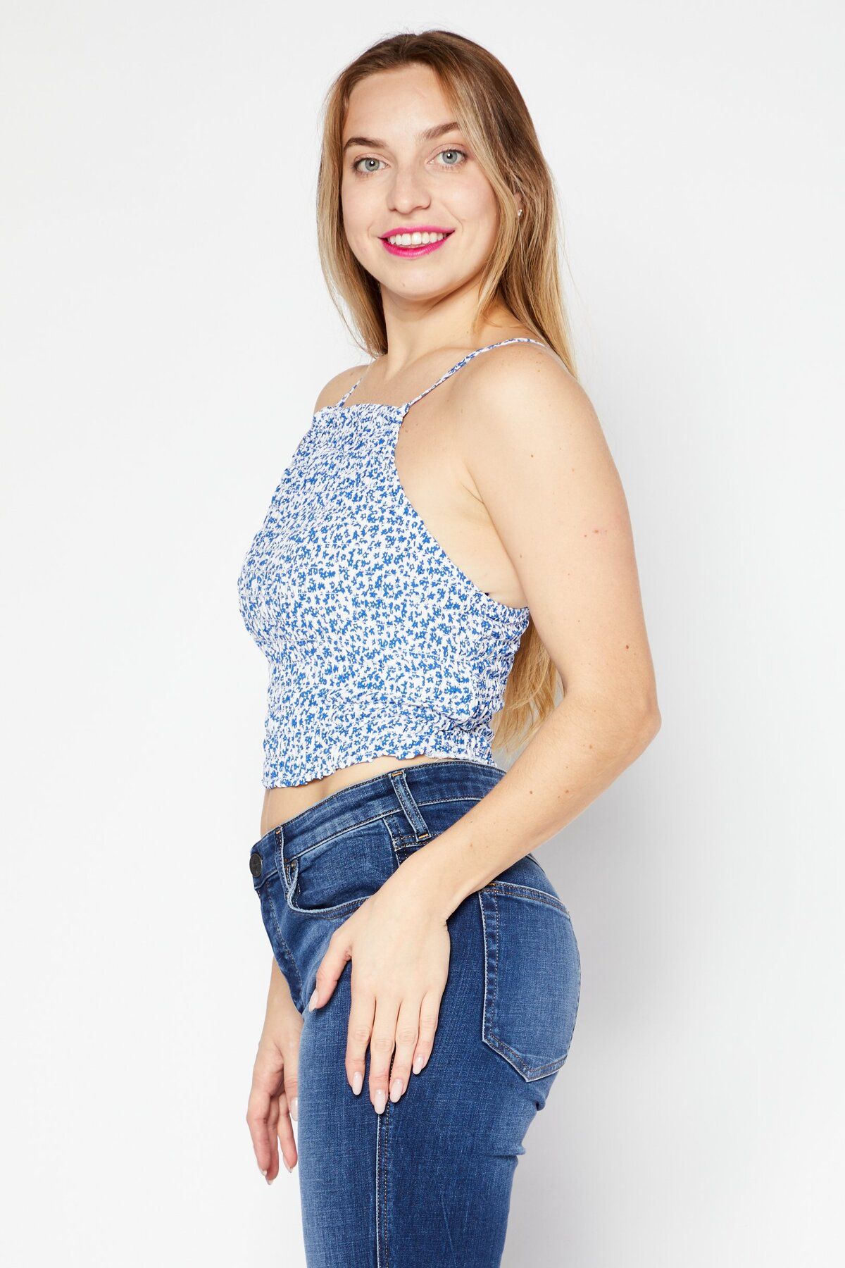 Don't Call Me Jennyfer-Women Square Neck Sleeveless Floral Print Top, White/Blue 4