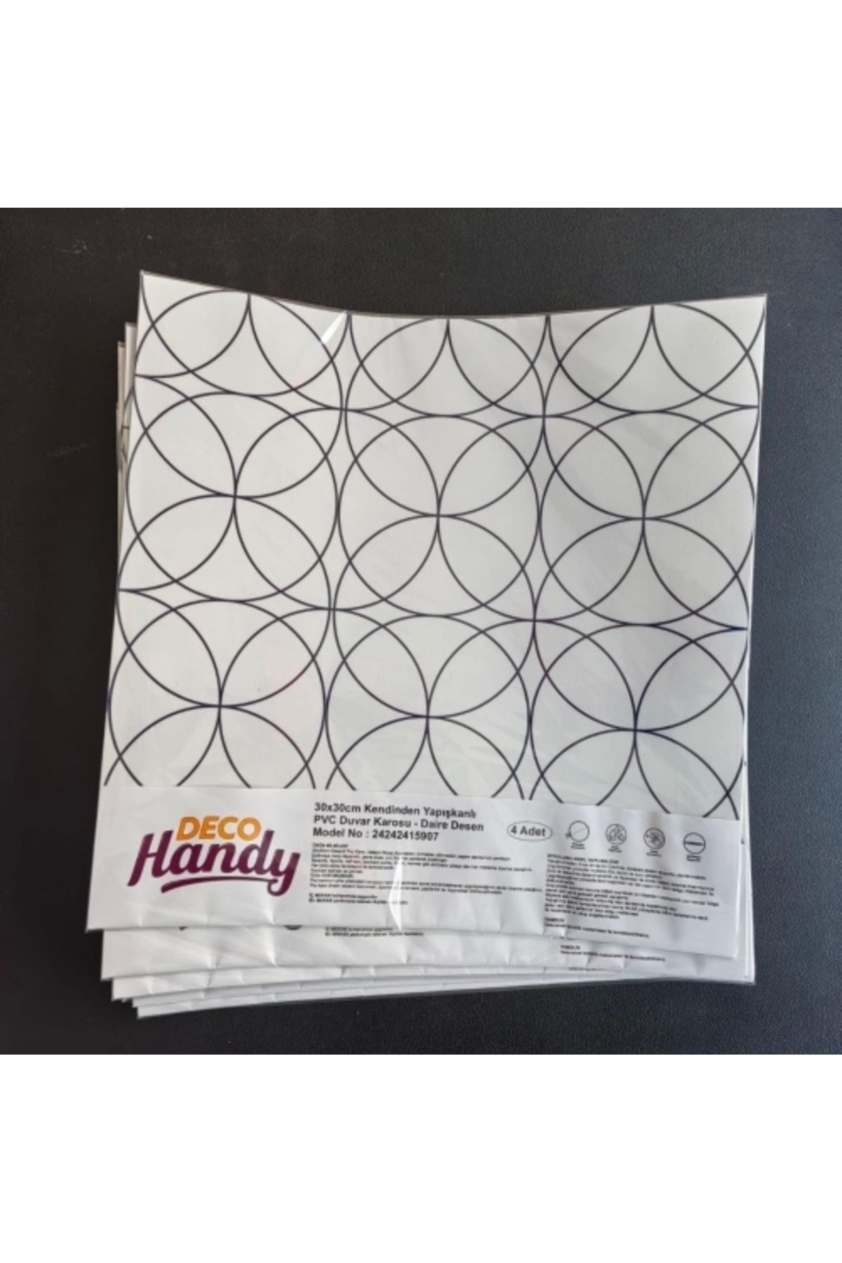 PRATİKOBA DecoHandy Pvc Duvar Karosu 30x30cm 4'lü Paket - Siyah Daire Geometrik Desen 0,36m2