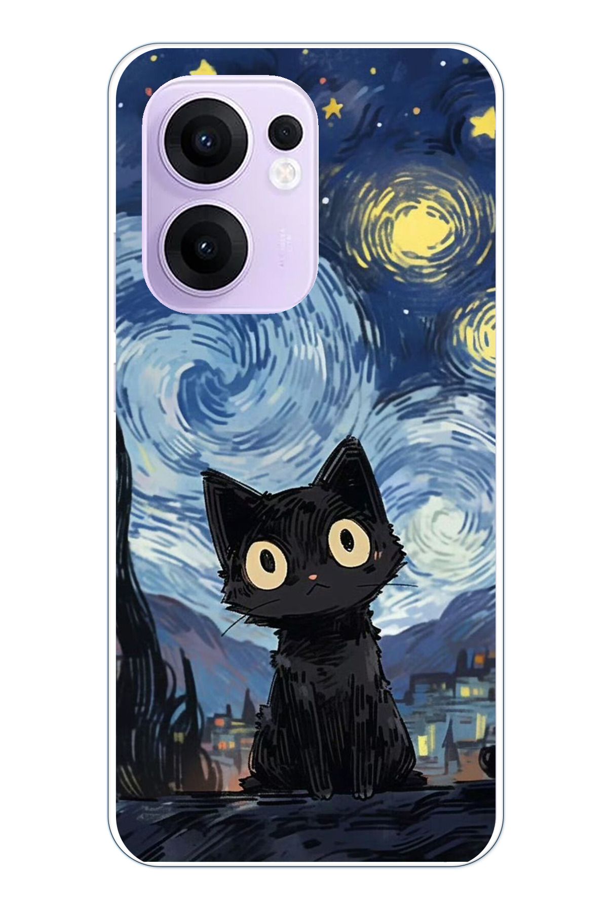 TechTree OPPO Reno 13F Uyumlu Gece Yarısı Kedi Tasarımlı Şeffaf Silikon Kılıf