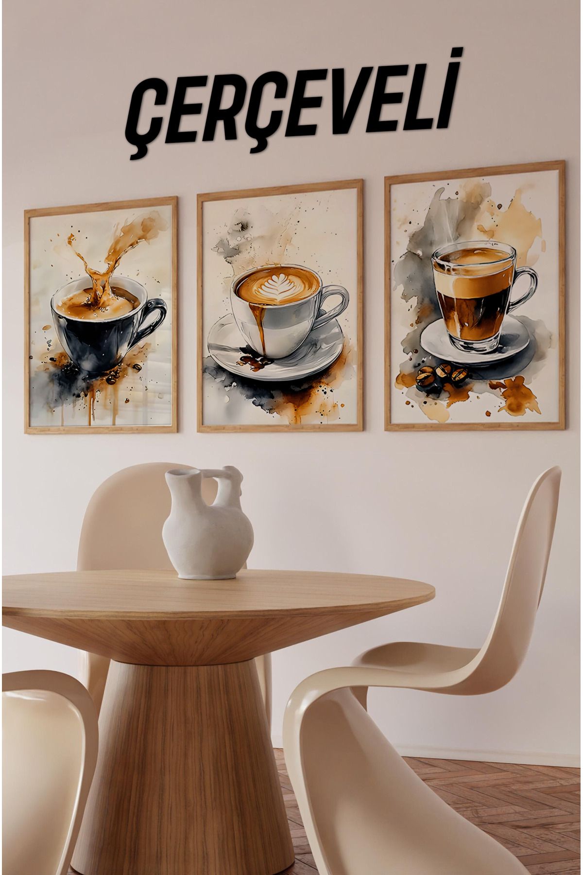 kutuTR ☕ Su Sıçramalı Kahve Tablosu Seti – Ahşap Çerçeveli 3'lü MDF UV Baskı Dekor CRV1004