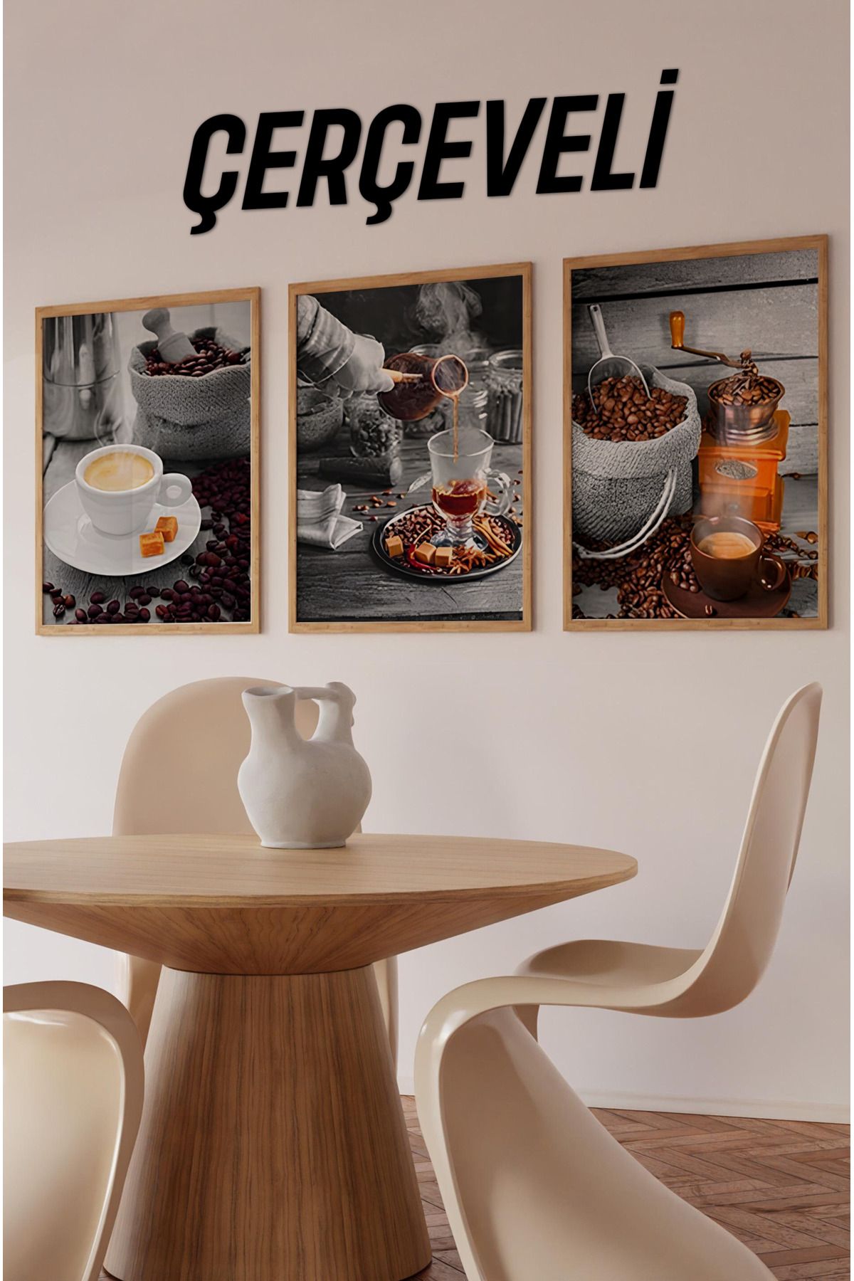 kutuTR ☕ Renkli Retro Kahve Keyfi – 3’lü Ahşap Çerçeveli Tablo Seti CRV1007