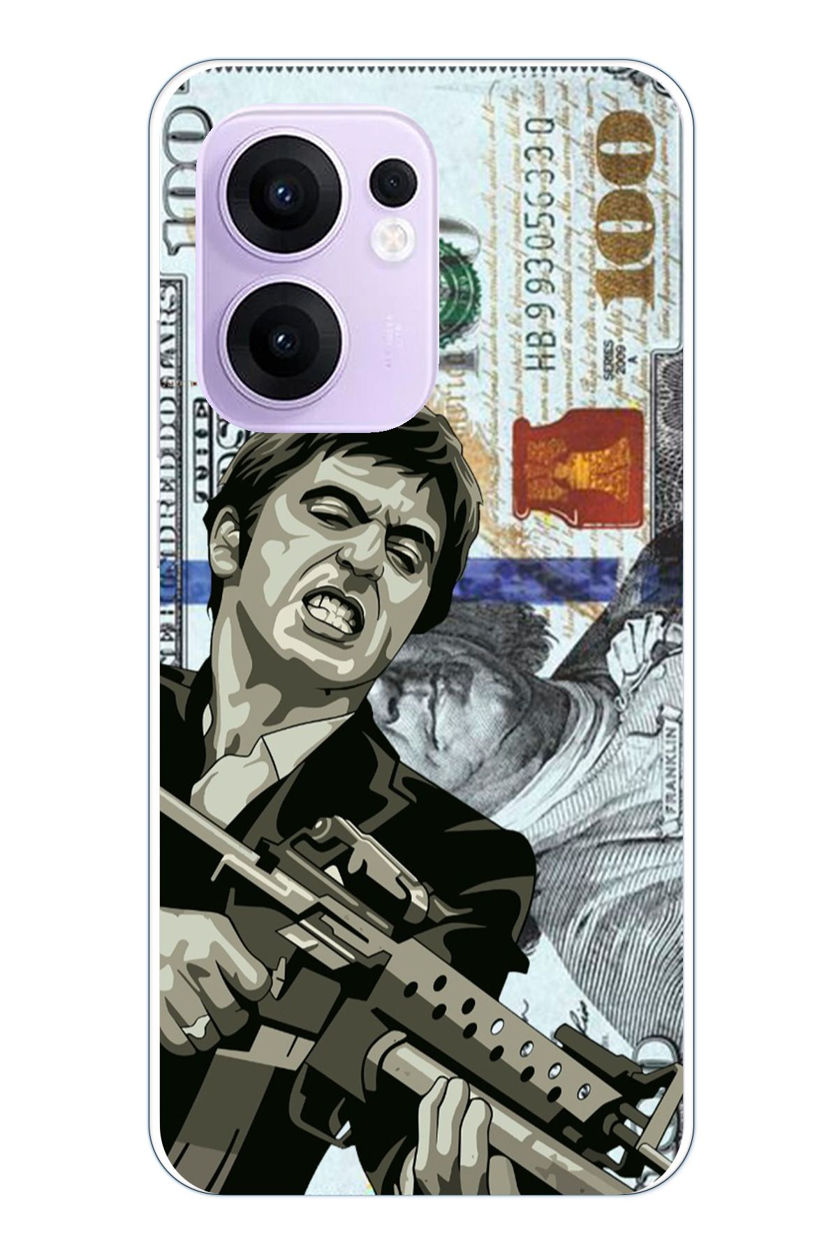TechTree OPPO Reno 13F Uyumlu Scarface Dolar Tasarımlı Şeffaf Silikon Kılıf
