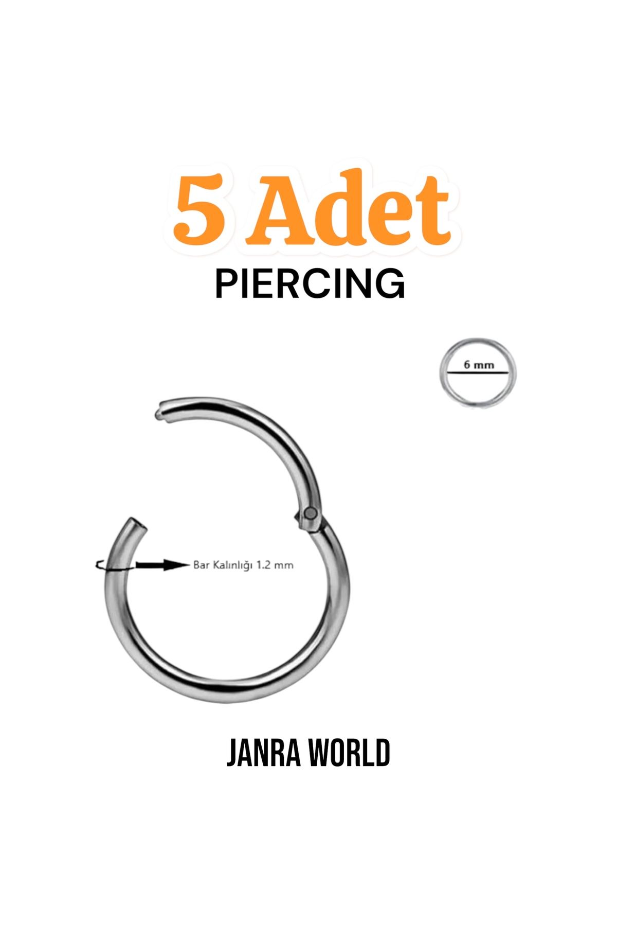 JANRA WORLD 5'li Piercing Seti – Helix, Tragus, Septum, Burun, Kaş, Göbek, Kulak, Daith, Rook, Industrial