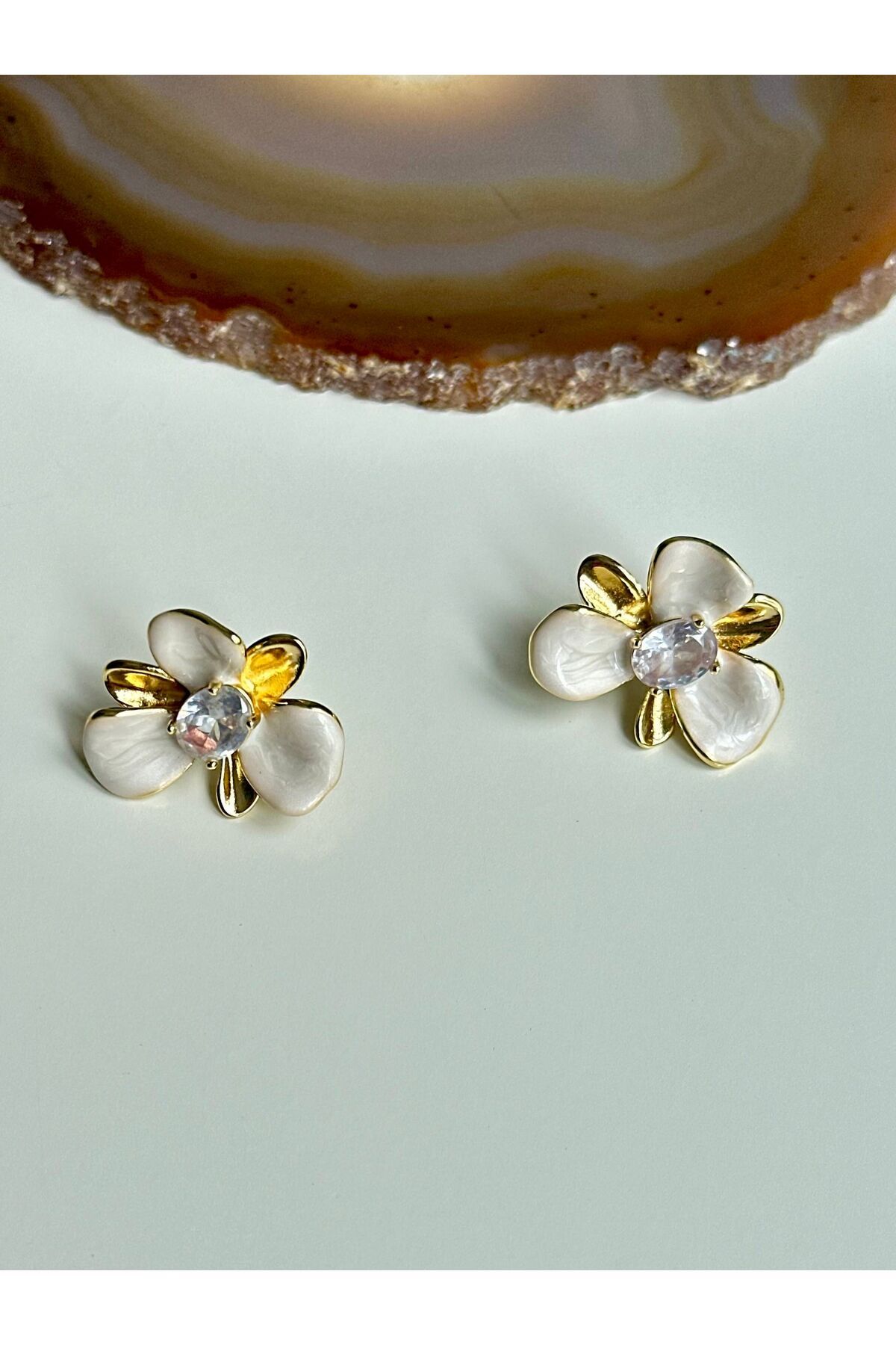 YOUES JEWELRY Çelik Çiçek Küpe Küpe Yaz Küpesi Ekru Taşlı Küpe