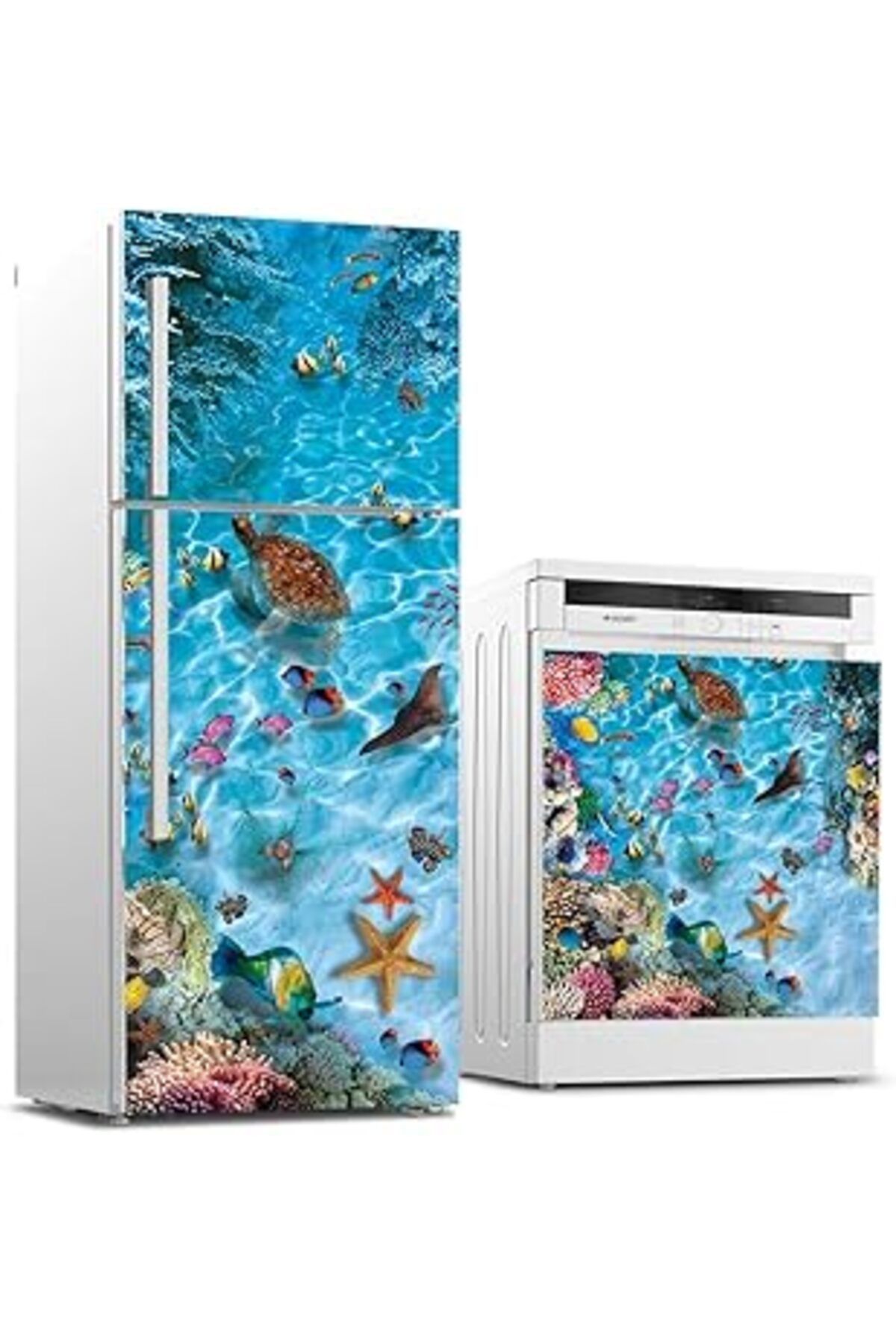 Mu Art Ahşap Buzdolabı Ve Bulaşık Makinası Beyaz Eşya Sticker Kaplama Sualtı Dünyası