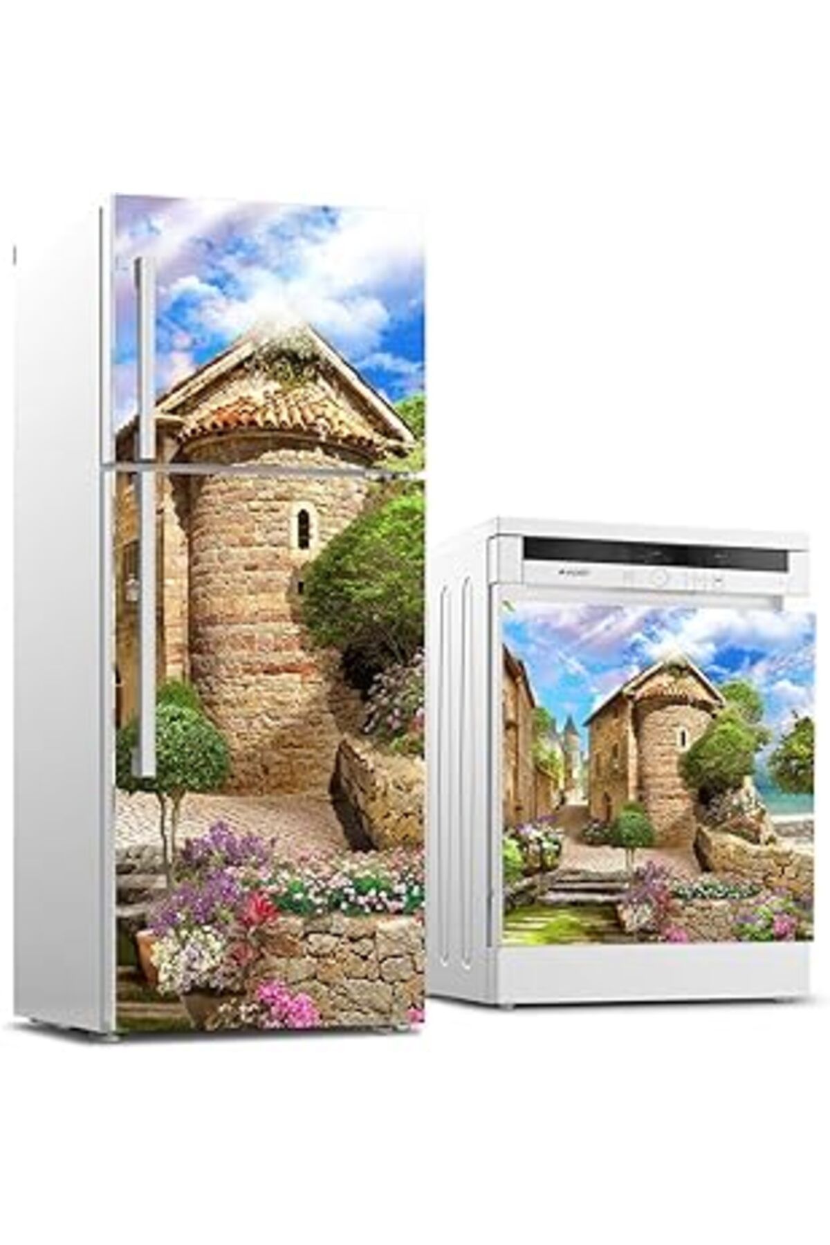 Mu Art Ahşap Buzdolabı Ve Bulaşık Makinası Beyaz Eşya Sticker Kaplama Antik Ev