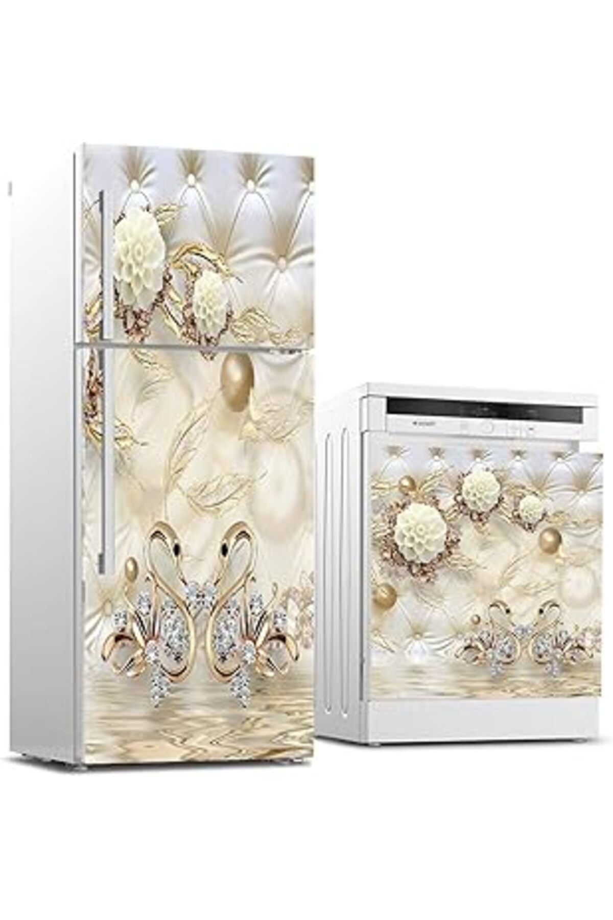 Mu Art Ahşap Buzdolabı Ve Bulaşık Makinası Beyaz Eşya Sticker Kaplama Pearls Gold