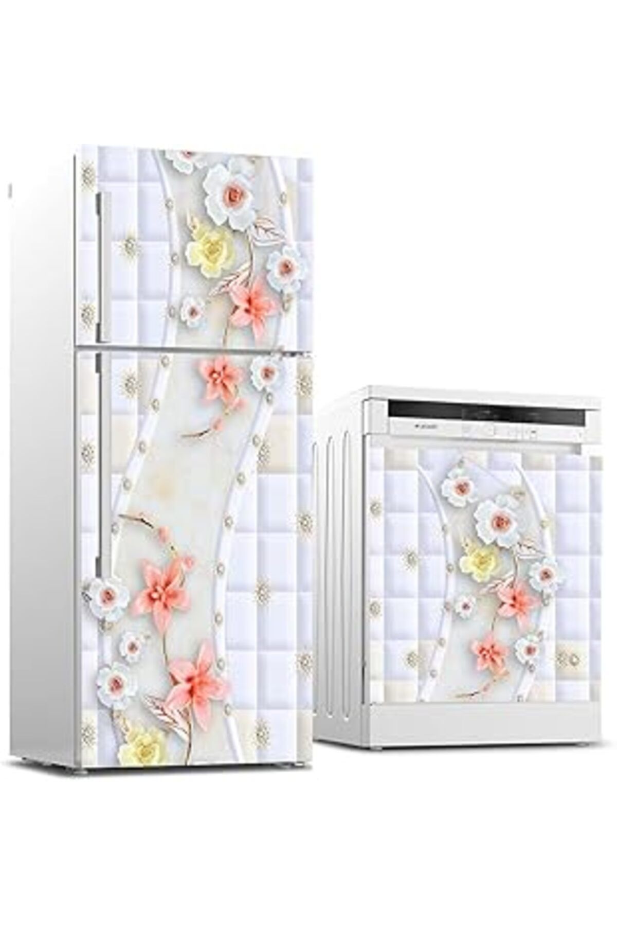 Mu Art Ahşap Buzdolabı Ve Bulaşık Makinası Beyaz Eşya Sticker Kaplama Pembe Çiçek Desen