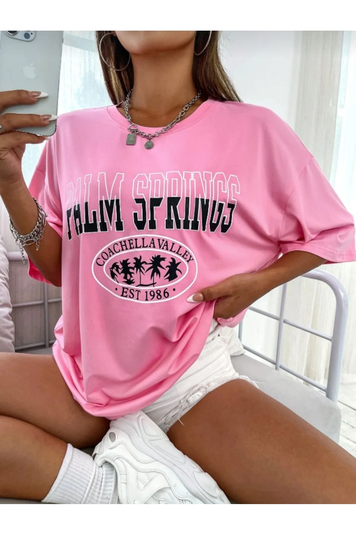 ROYAL FASHİON Unısex Oversize Palm Sprıngs Baskılı Grı T-shırt