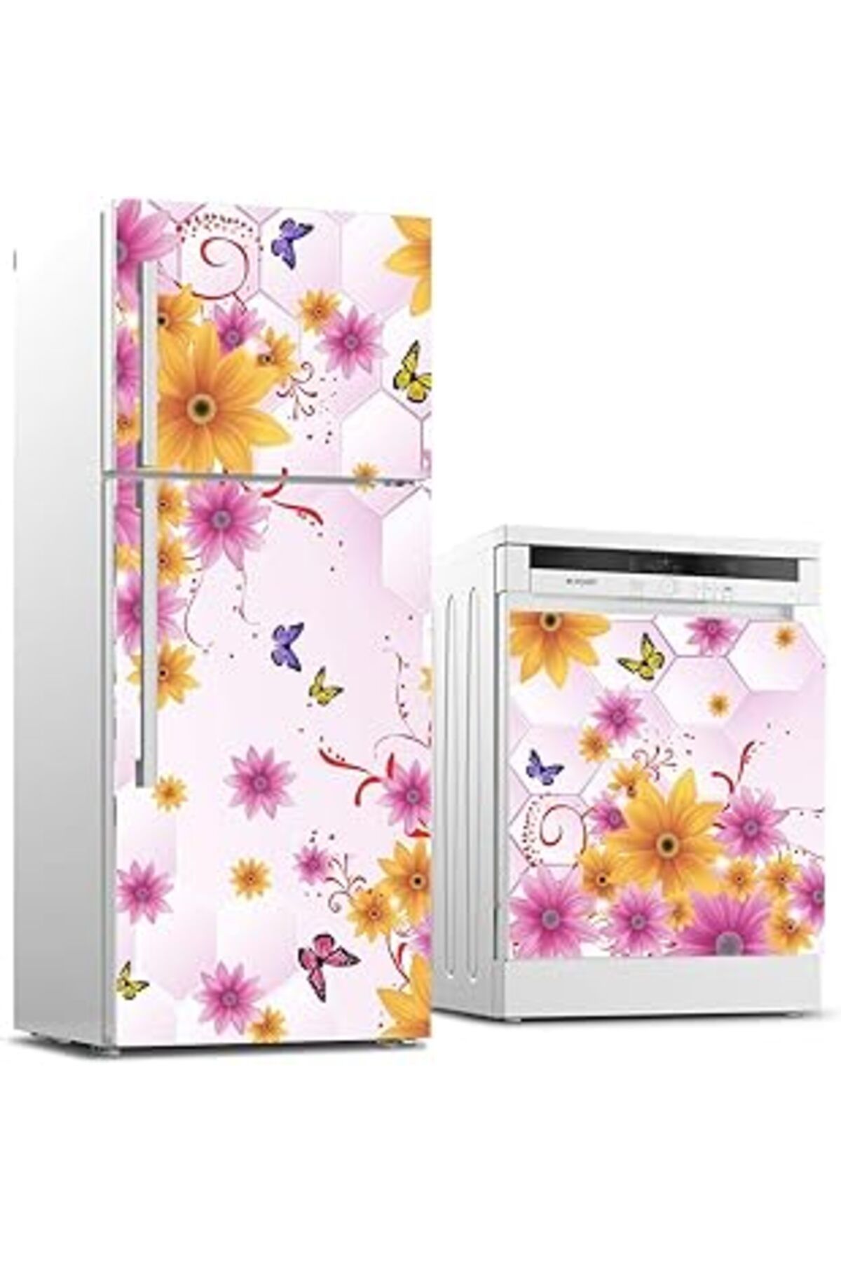 Mu Art Ahşap Buzdolabı Ve Bulaşık Makinası Beyaz Eşya Sticker Kaplama Çiçekler