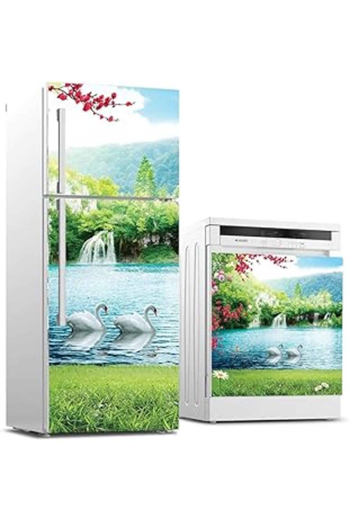 Mu Art Ahşap Buzdolabı Ve Bulaşık Makinası Beyaz Eşya Sticker Kaplama Şelale Kuğu