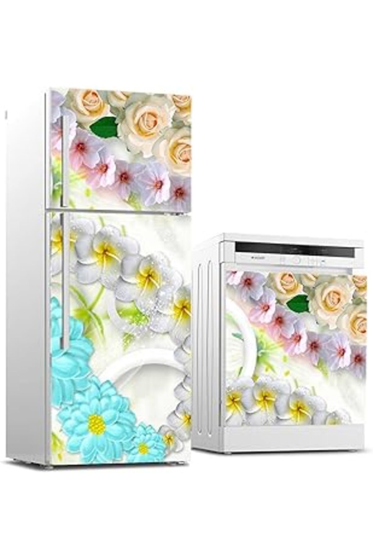 Mu Art Ahşap Buzdolabı Ve Bulaşık Makinası Beyaz Eşya Sticker Kaplama Renkli Çiçekler