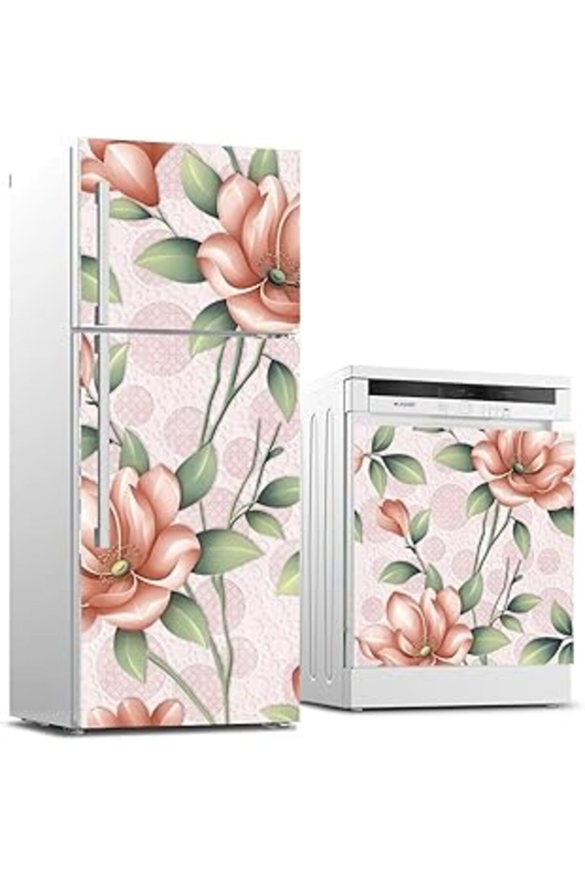 Mu Art Ahşap Buzdolabı Ve Bulaşık Makinası Beyaz Eşya Sticker Kaplama Çiçek Duvar Dekor