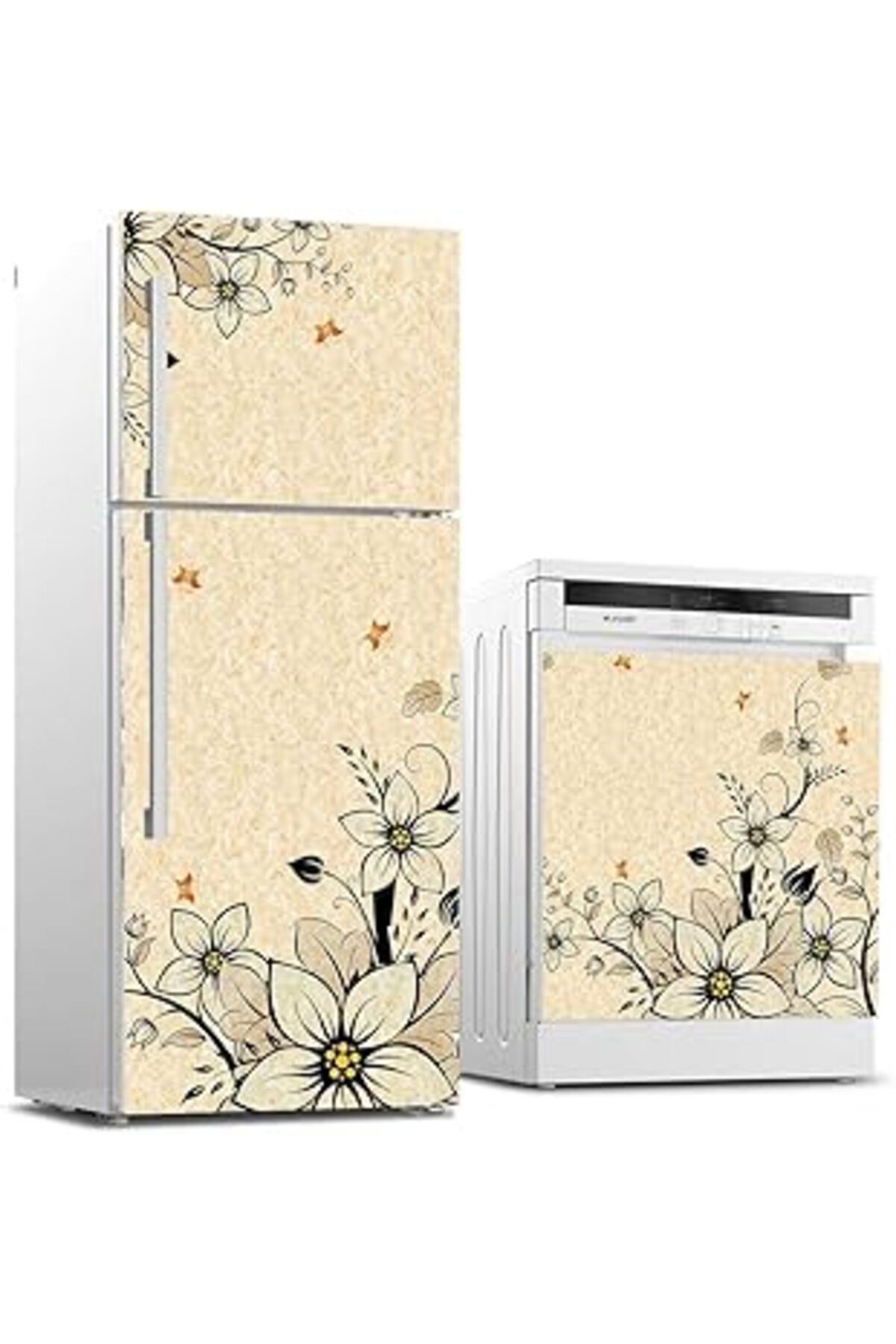 Mu Art Ahşap Buzdolabı Ve Bulaşık Makinası Beyaz Eşya Sticker Kaplama Bej Çiçekler