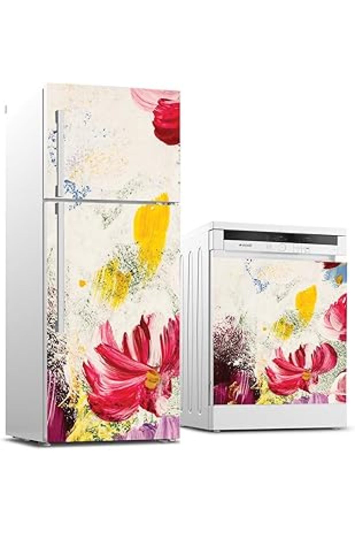 Mu Art Ahşap Buzdolabı Ve Bulaşık Makinası Beyaz Eşya Sticker Kaplama Tuval Çiçek