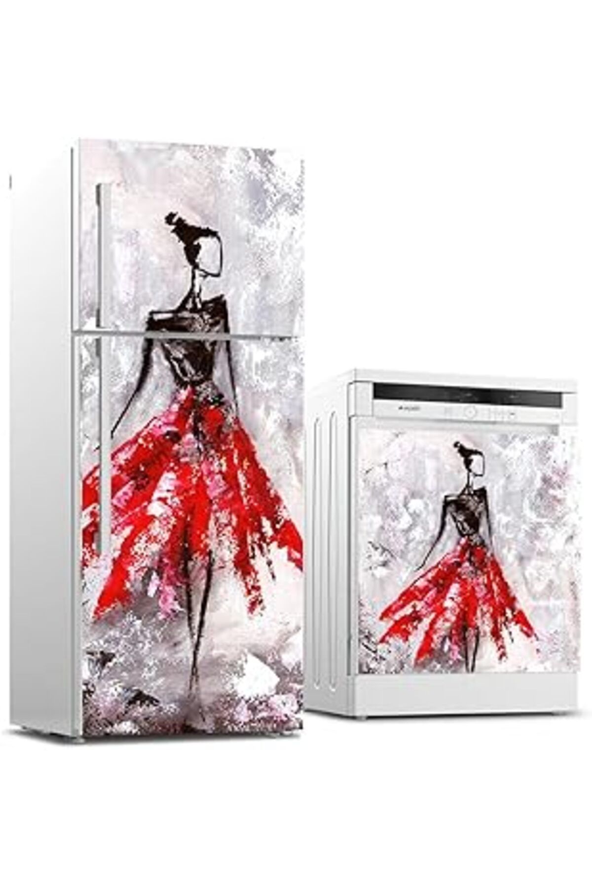 Mu Art Ahşap Buzdolabı Ve Bulaşık Makinası Beyaz Eşya Sticker Kaplama Genç Kadın Yağlıboya