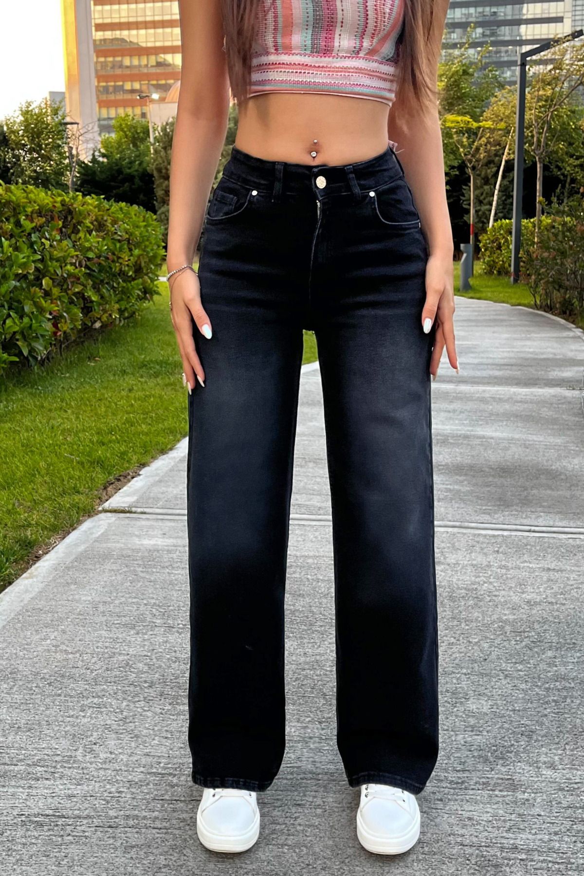 BİKELİFE Kadın Yüksek Bel Esnek Soluk Efektli Vintage Geniş Paça Wide Leg Rahat Jean