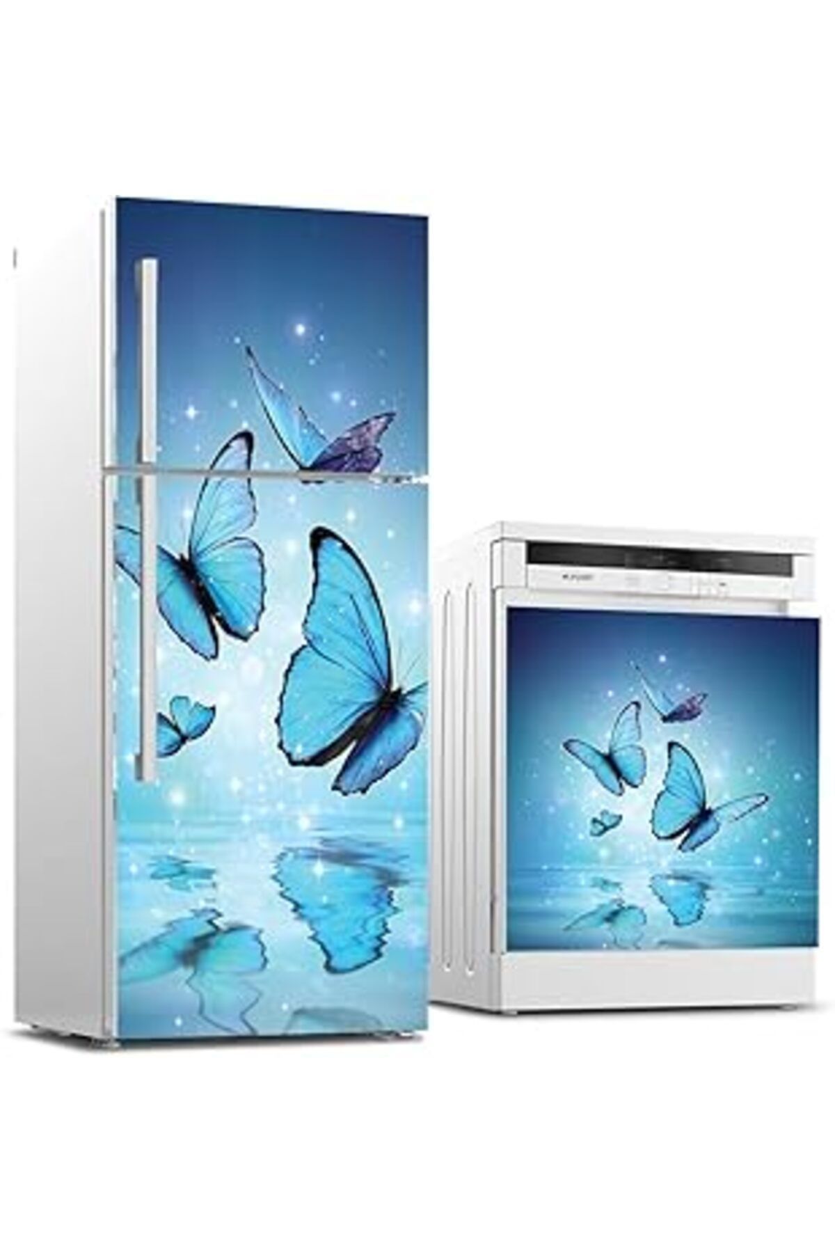 Mu Art Ahşap Buzdolabı Ve Bulaşık Makinası Beyaz Eşya Sticker Kaplama Kelebek Su
