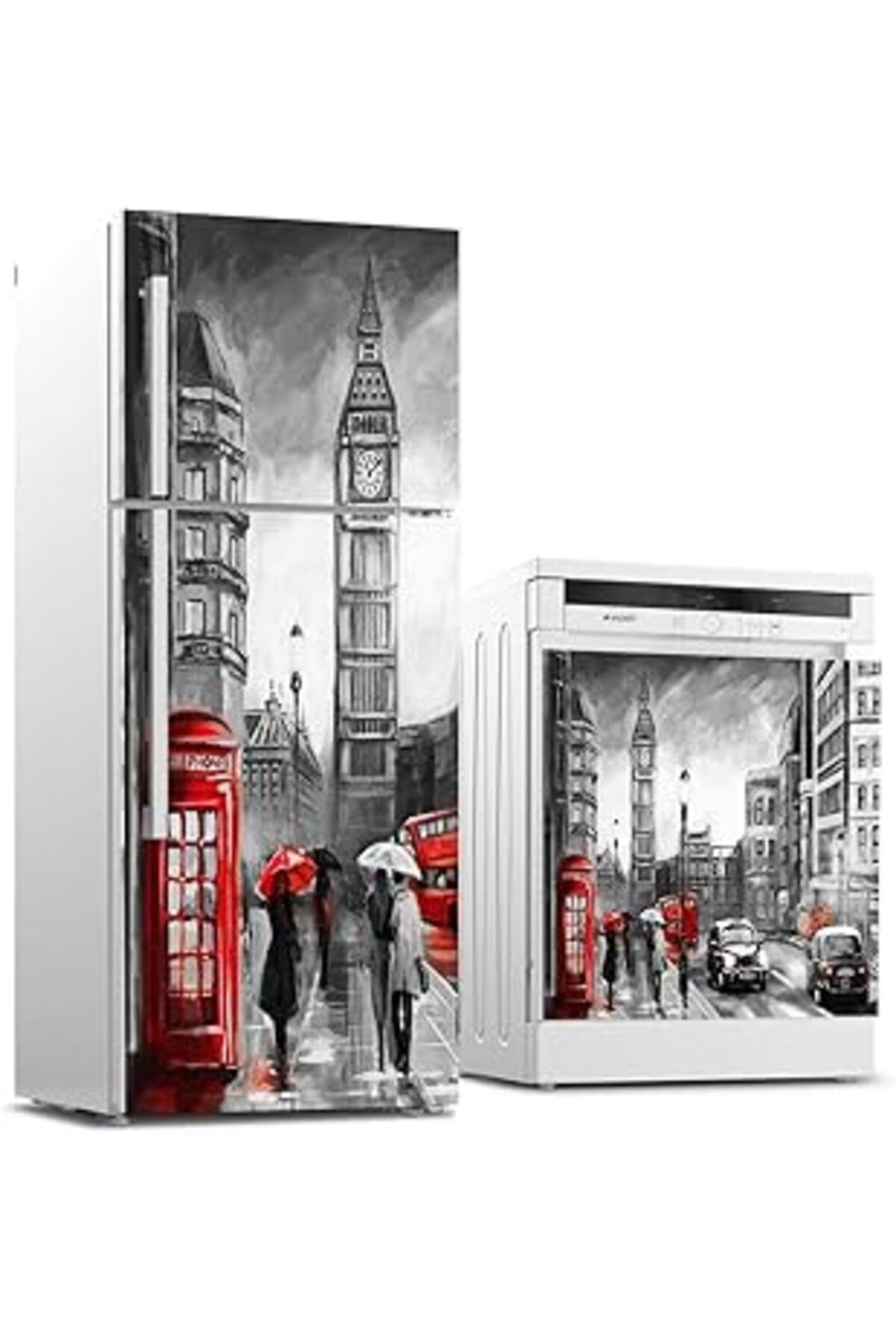 Mu Art Ahşap Buzdolabı Ve Bulaşık Makinası Beyaz Eşya Sticker Kaplama Londra Yağlıboya