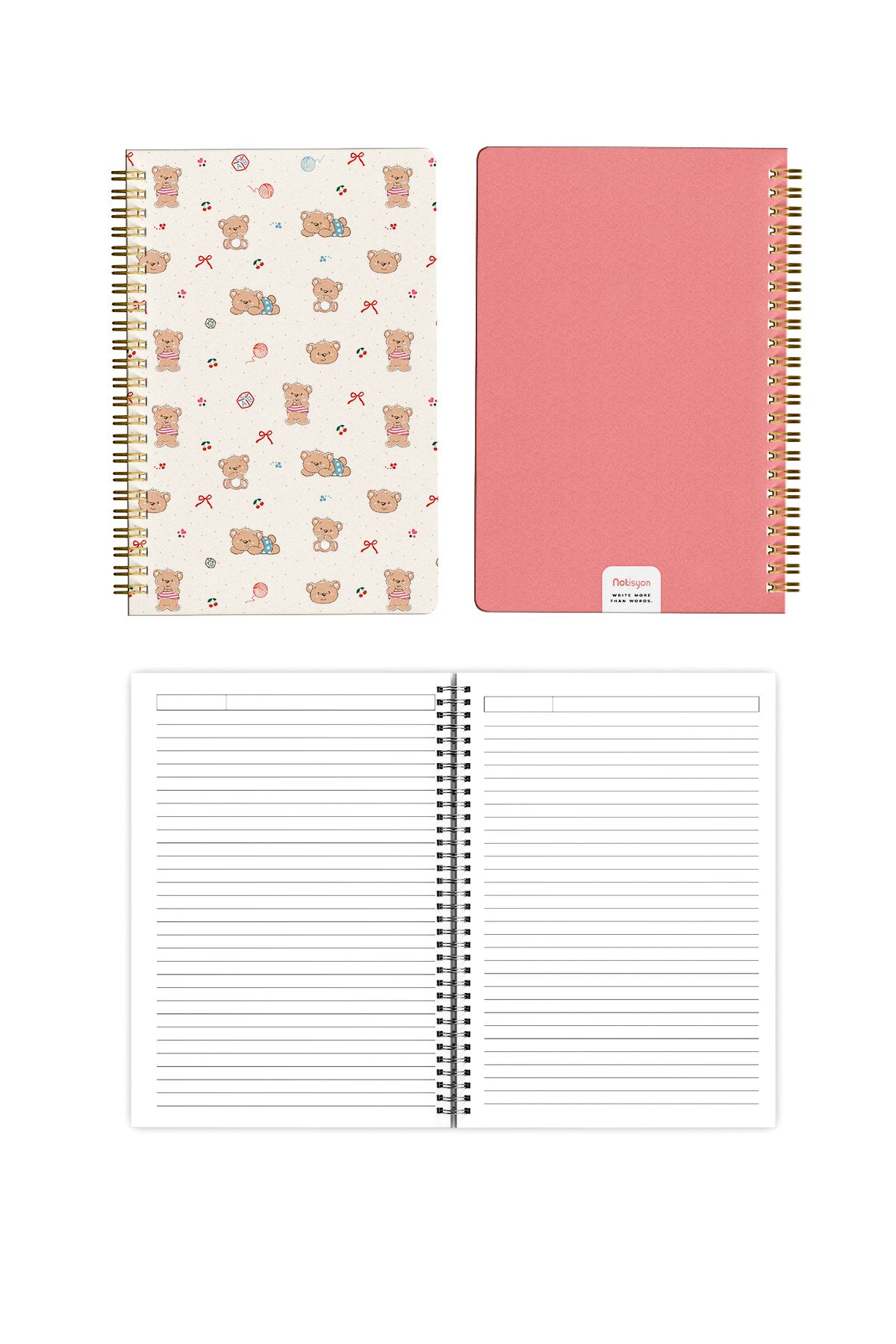 Notisyon-A5 Spiral Notepad Set of 2 – Lined & Unlined, 148 Pages, Teddy Bear Pattern, School Notebook 2