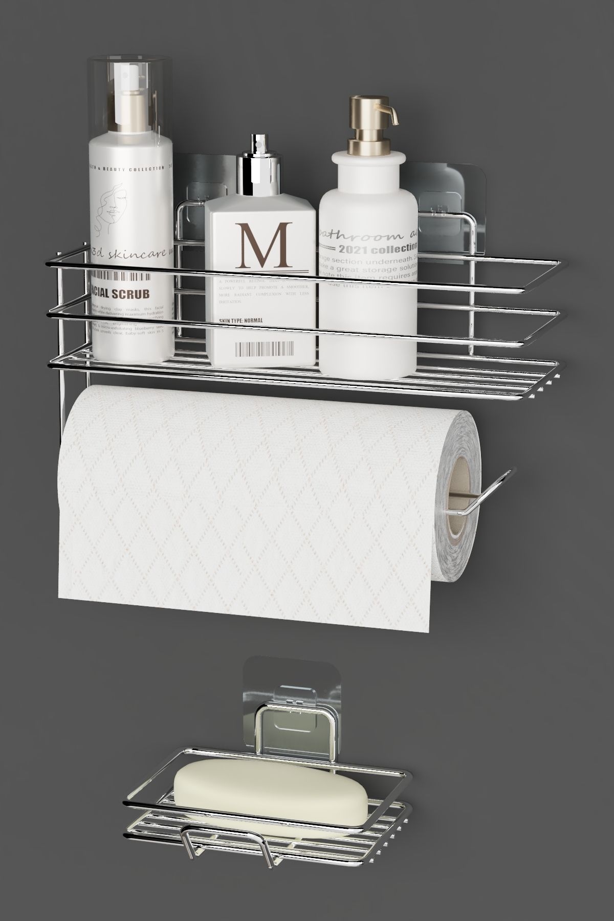 Hill Homes Krom Gümüş Yapışkanlı 2 li Set Banyo Rafı Rulo Kağıt Havlu ve Sabunluk Set Düzenleyici